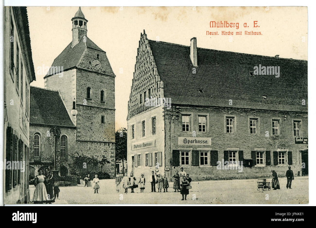 09472-Mühlberg-Elbe-1908-Neustädter Kirche Mit Rathaus-Brück & Sohn Kunstverlag Stockfoto
