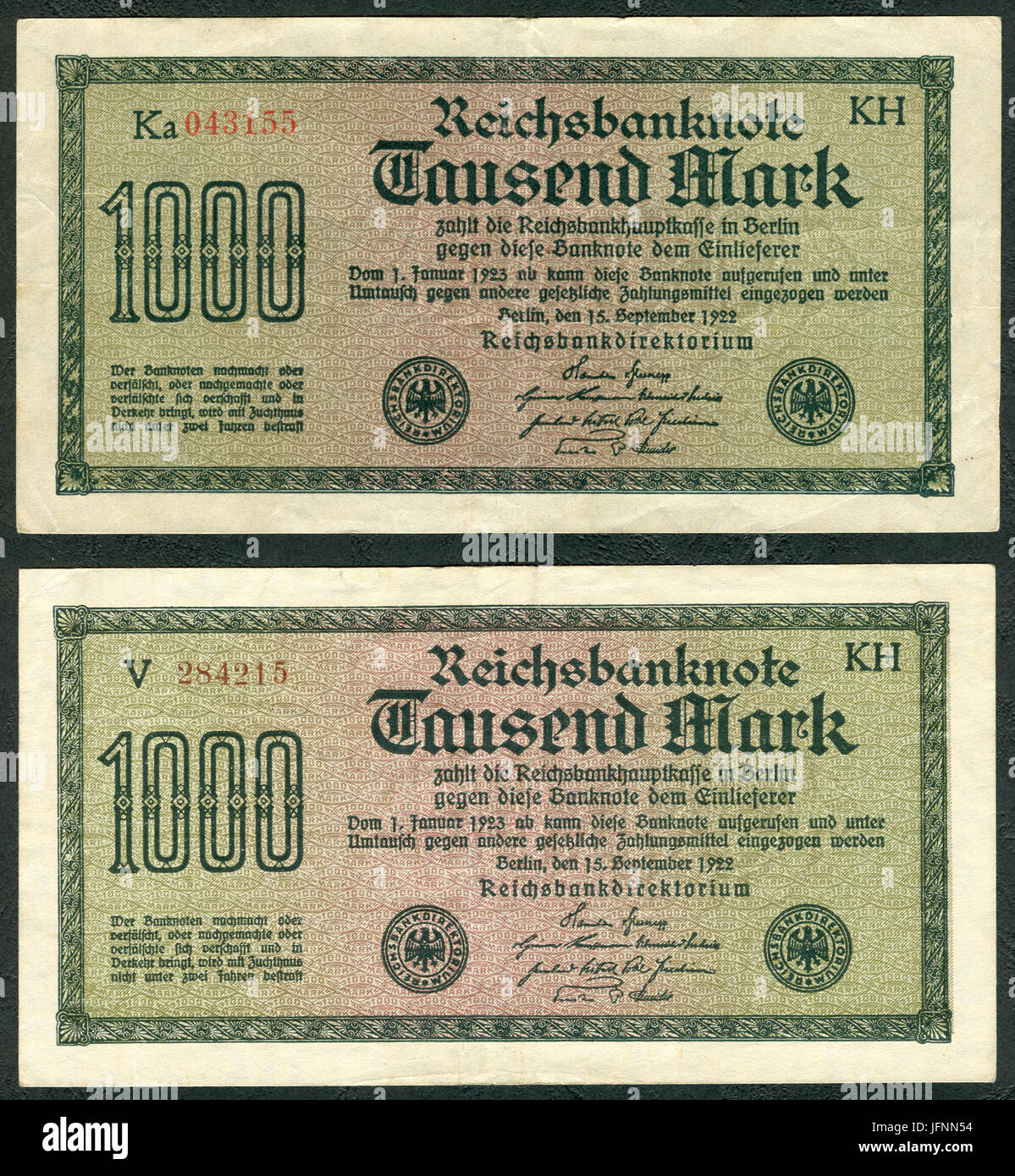 1000 Mark Reichsbanknote 19 2 Versionen Gedruckt von J. C. König & Ebhardt KH Hannover Seite ich 600 dpi Stockfoto