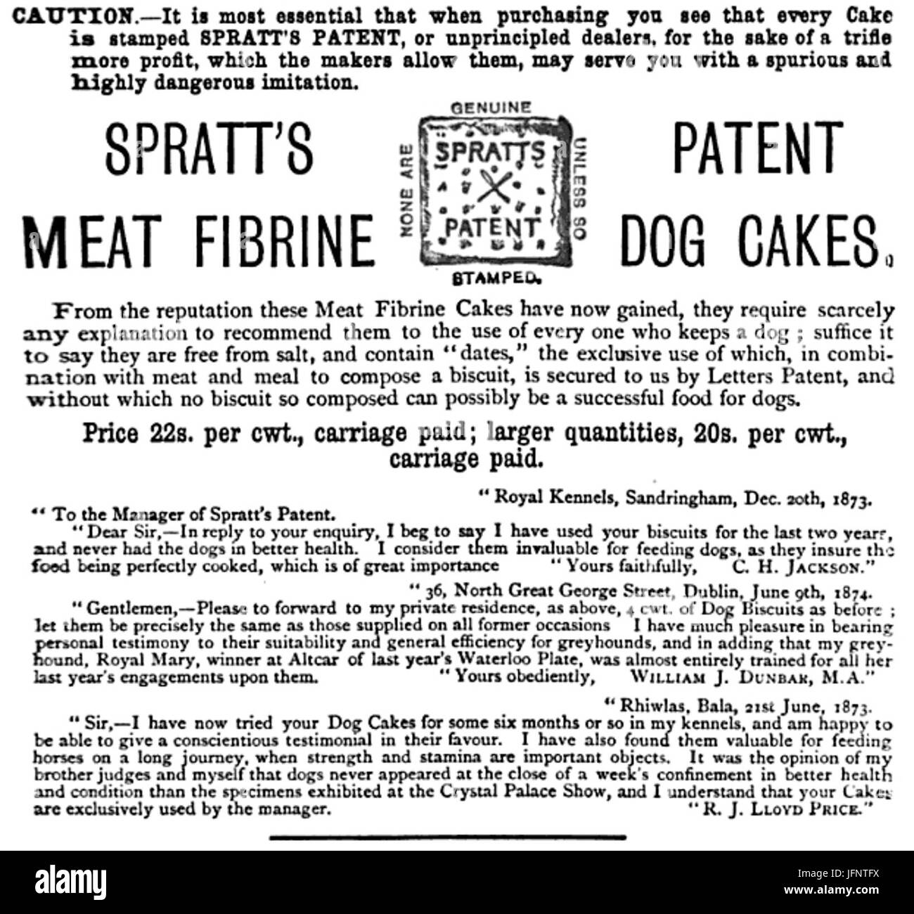 1876-Anzeige für Spratt s Patent Fleisch Fibrine Hund Kuchen Stockfoto