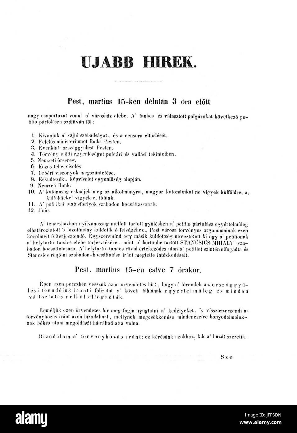 Ein Pesti Hirlap 1848. mơA1rcius 16-Ai melleklete Stockfoto