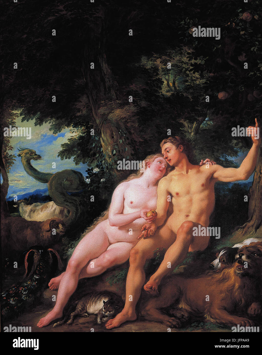 Dieses Gemälde, *Adam and Eva* von Jean Francois de Troy, stellt die ersten biblischen Menschen in einem idealisierten, klassischen Stil dar. Das Werk spiegelt französische Rokoko-Einflüsse des 18. Jahrhunderts wider und zeigt die Figuren in einer ruhigen und harmonischen Umgebung. Stockfoto