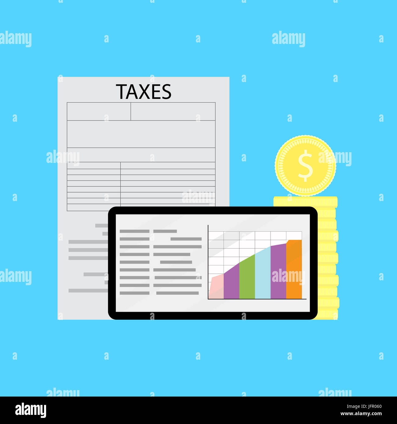 Grafische Darstellung der Steuerstatistik. Finanzsteuer Graph Bericht über Tablet. Vektor-illustration Stockfoto