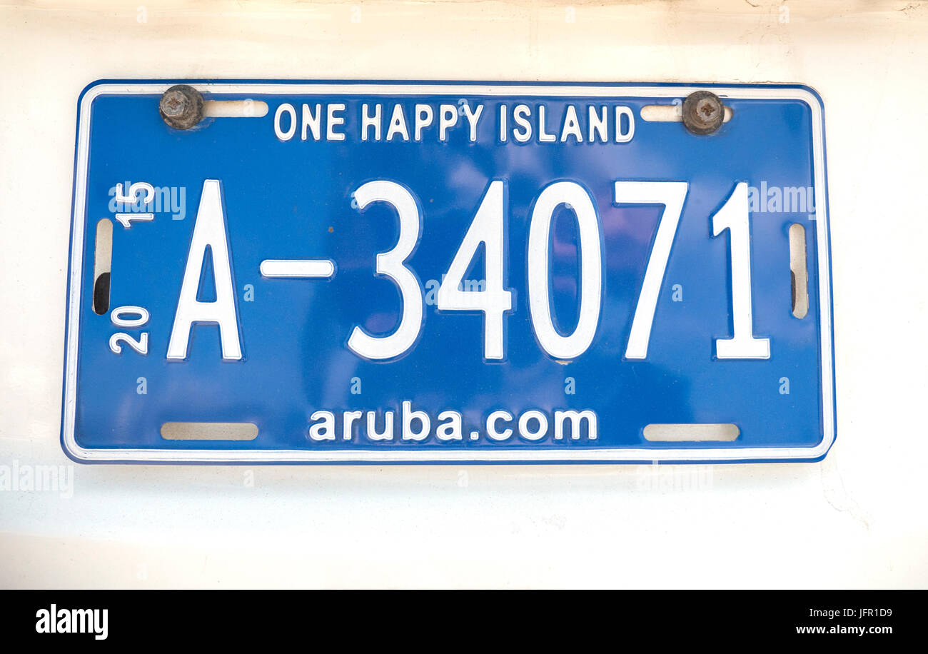 Dutch West Indies Aruba Insel Auto Nummernschild Nahaufnahme Slogan eine glückliche Insel Stockfoto