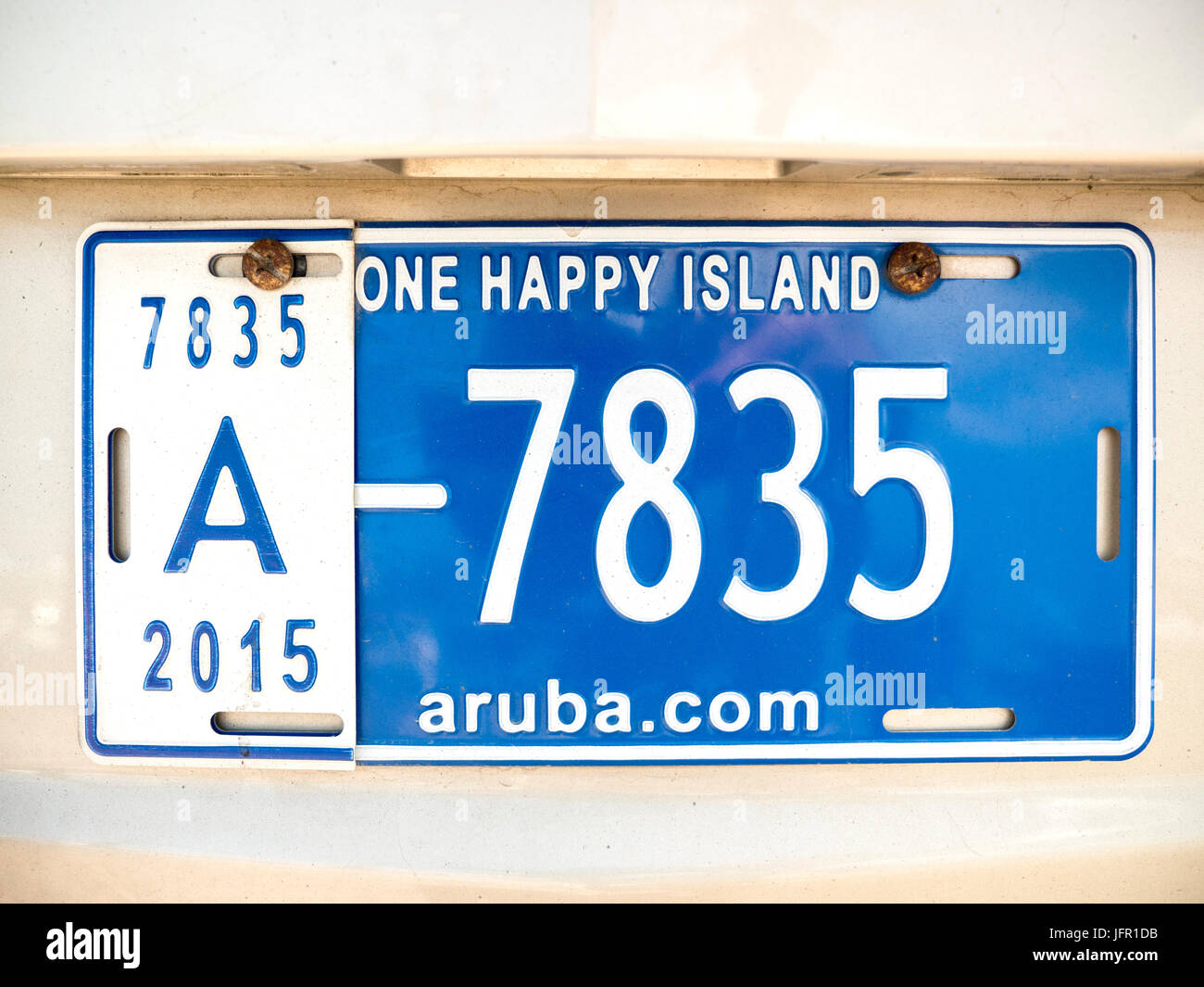 Dutch West Indies Aruba Insel Auto Nummernschild Nahaufnahme Slogan eine glückliche Insel Stockfoto