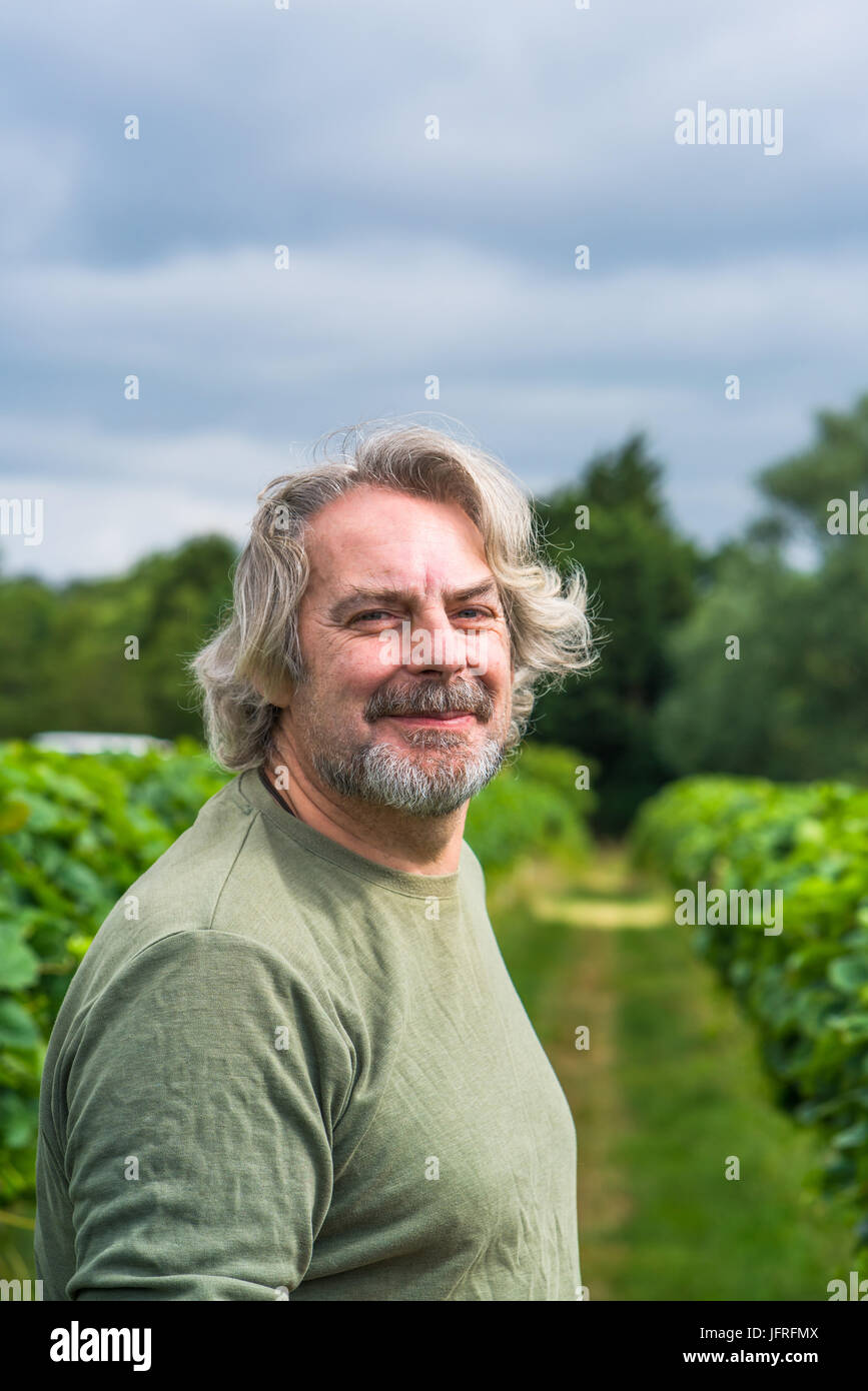 Ein Mann mittleren Alters auf einer Obstplantage Stockfoto