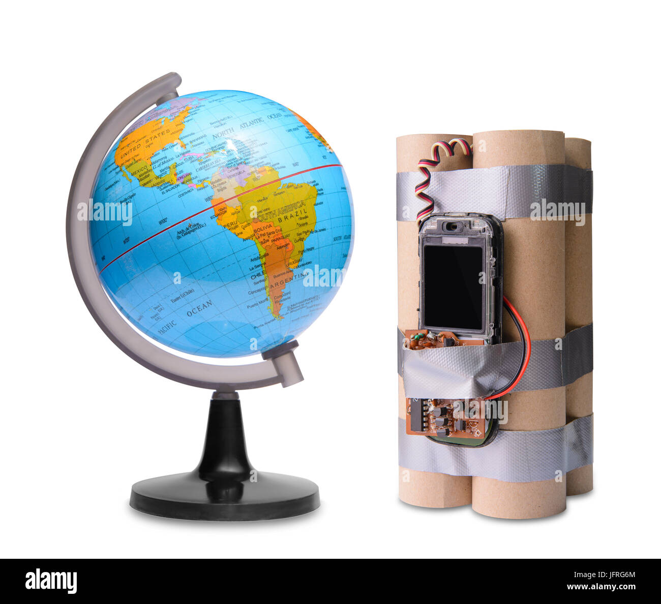 Erdkugel mit Bombe Stockfoto