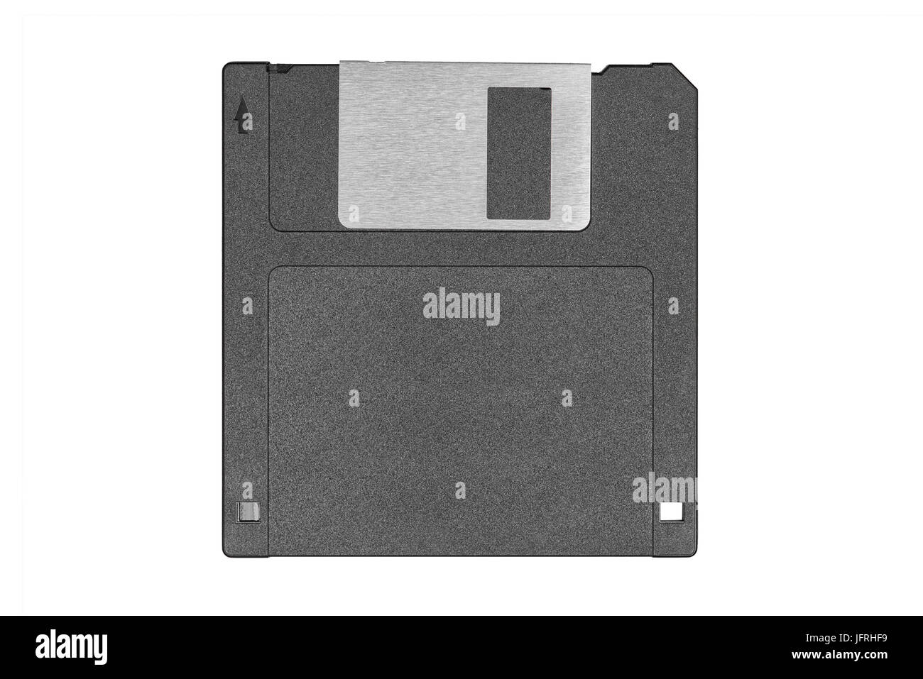 Draufsicht einer schwarzen Vintage Diskette auf weißem Hintergrund Stockfoto