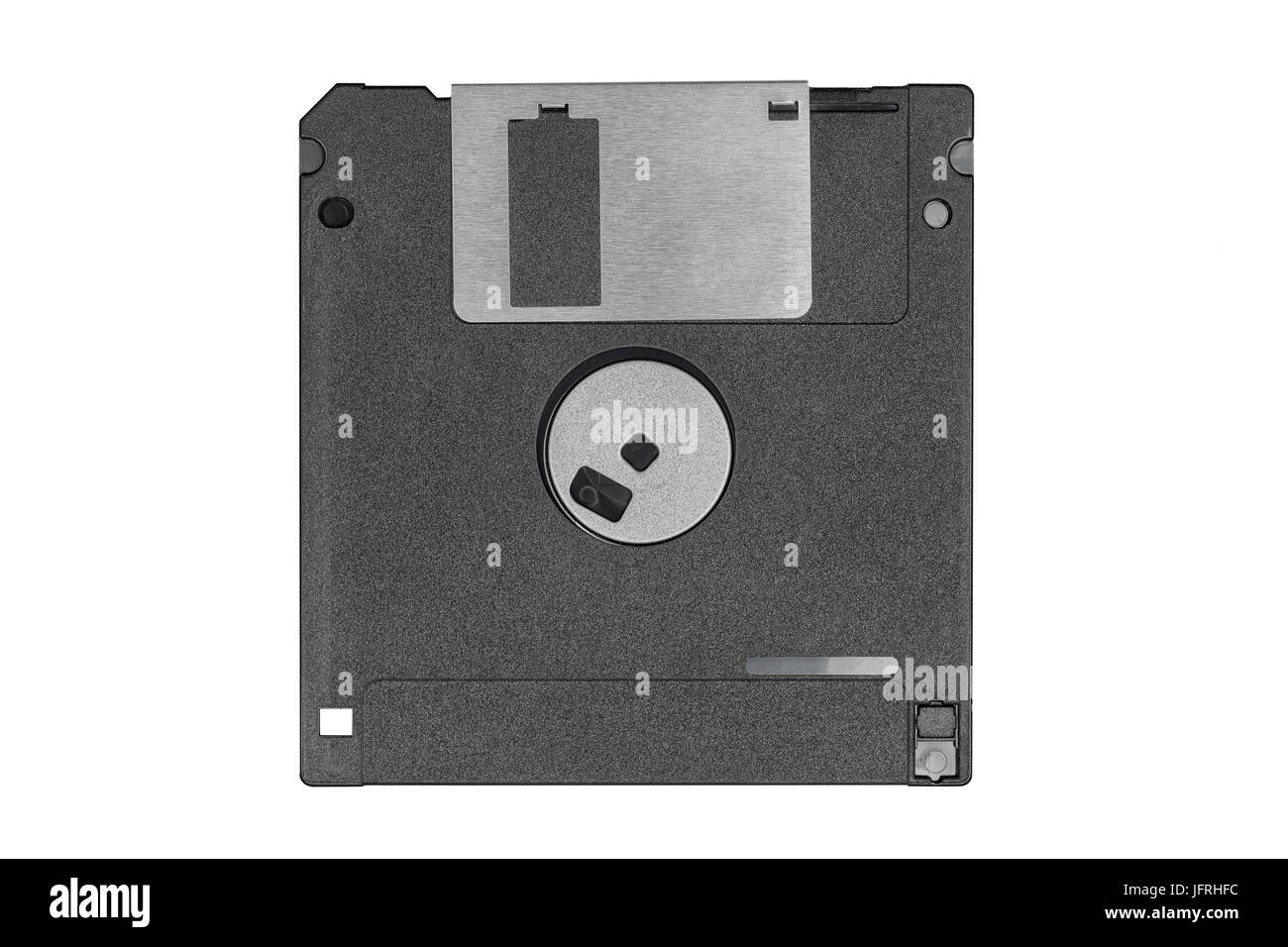 zurück nach oben Blick auf einer schwarzen Vintage Diskette auf weißem Hintergrund Stockfoto