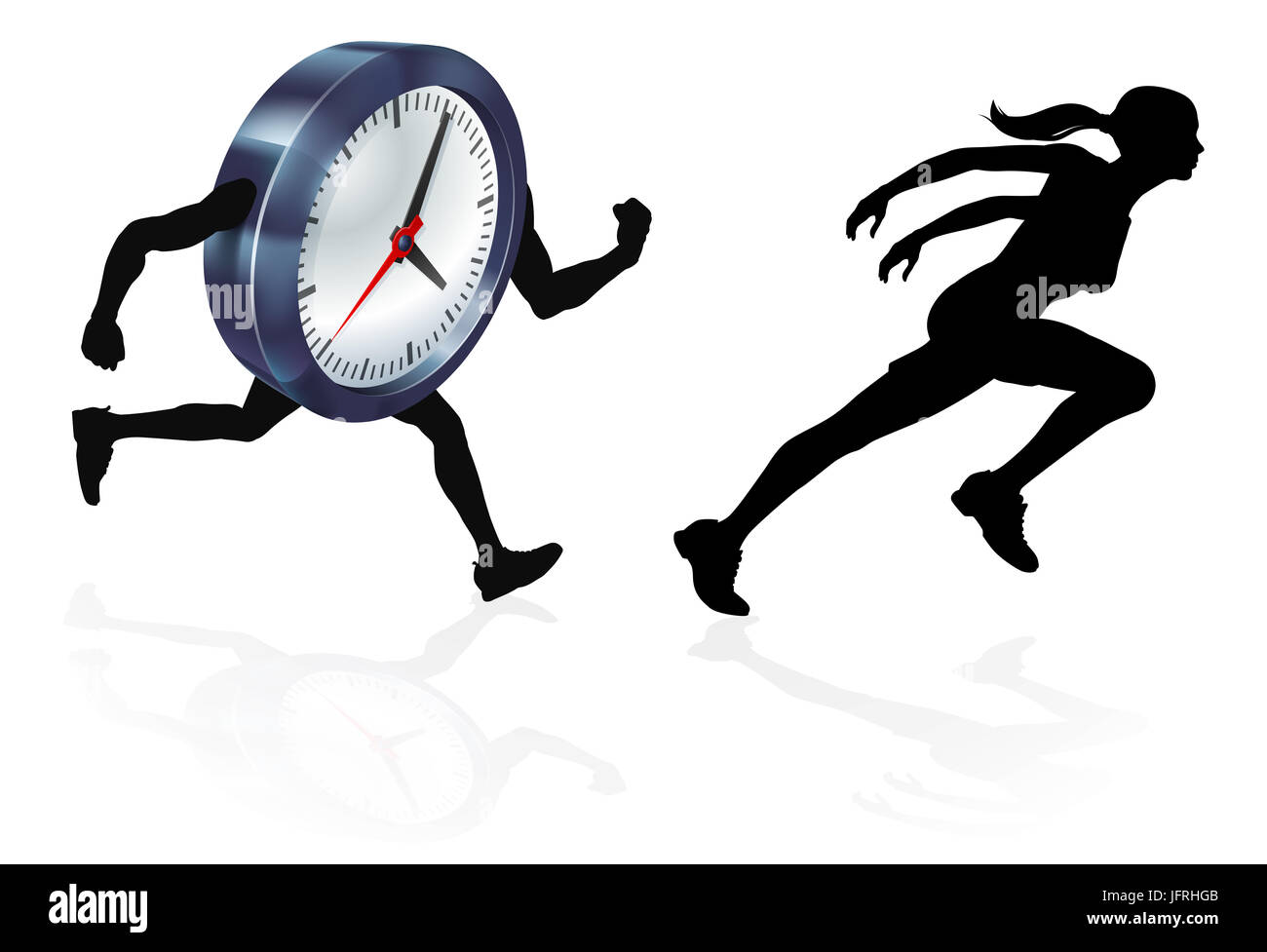 Silhouette Frau von einer Uhr laufen oder Rennen Konzept für Zeitdruck oder Work-Life-Balance, Stress oder racing eine Frist Stockfoto