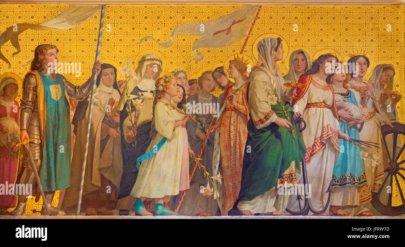TURIN, Italien - 15. März 2017: Das symbolische Fresko der Heiligen Jungfrauen in der Kirche Chiesa di San Dalmazzo von Enrico Reffo (1831 – 1917). Stockfoto