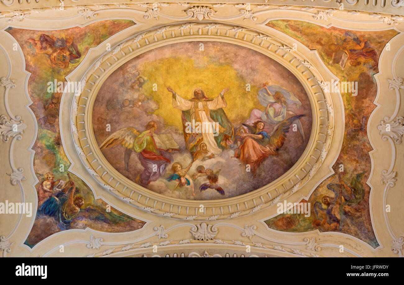 TURIN, Italien - 14. März 2017: Das Deckenfresko der Herrlichkeit des Heiligen Augustinus in der Kirche Chiesa di Sant Agostino von Carlo Ceppi (1887). Stockfoto