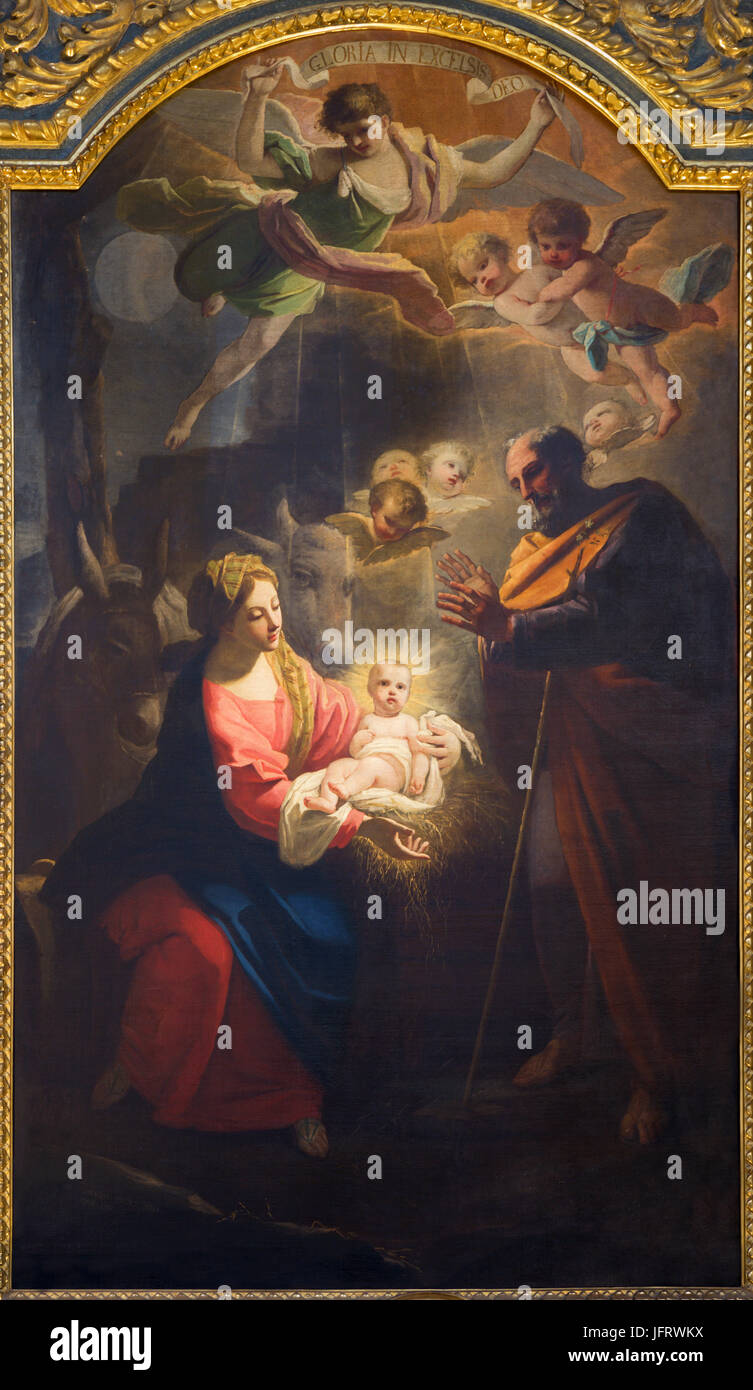 TURIN, Italien - 13. März 2017: Das Gemälde der Krippe im Dom von Giovanni Comandu da Mondovi (1795). Stockfoto