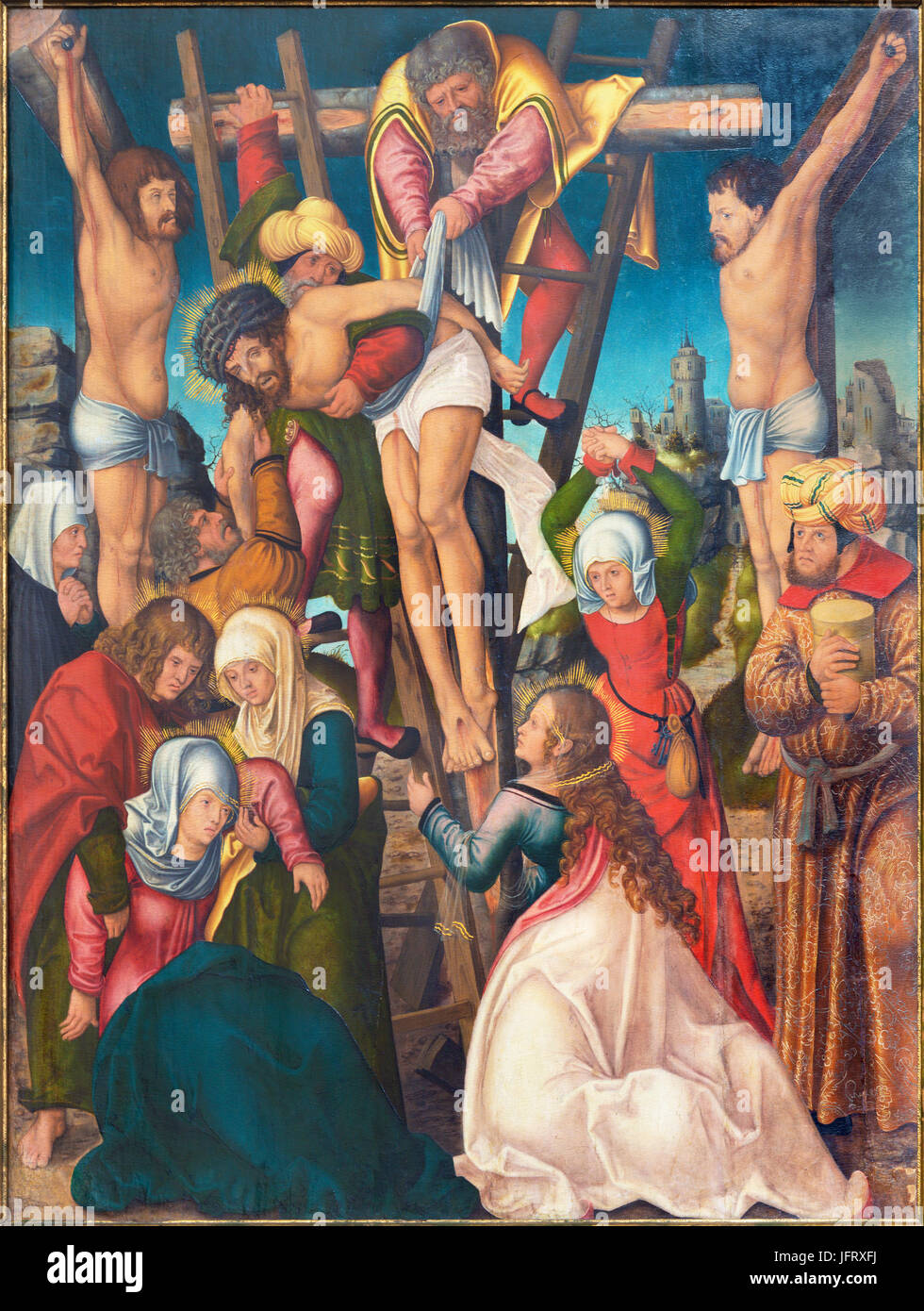 BERLIN, Deutschland, Februar - 16, 2017: Das Gemälde der Ablagerung des Kreuzes in der Kirche Marienkirche von unbekannten Künstler des 16. Jhdt. Stockfoto