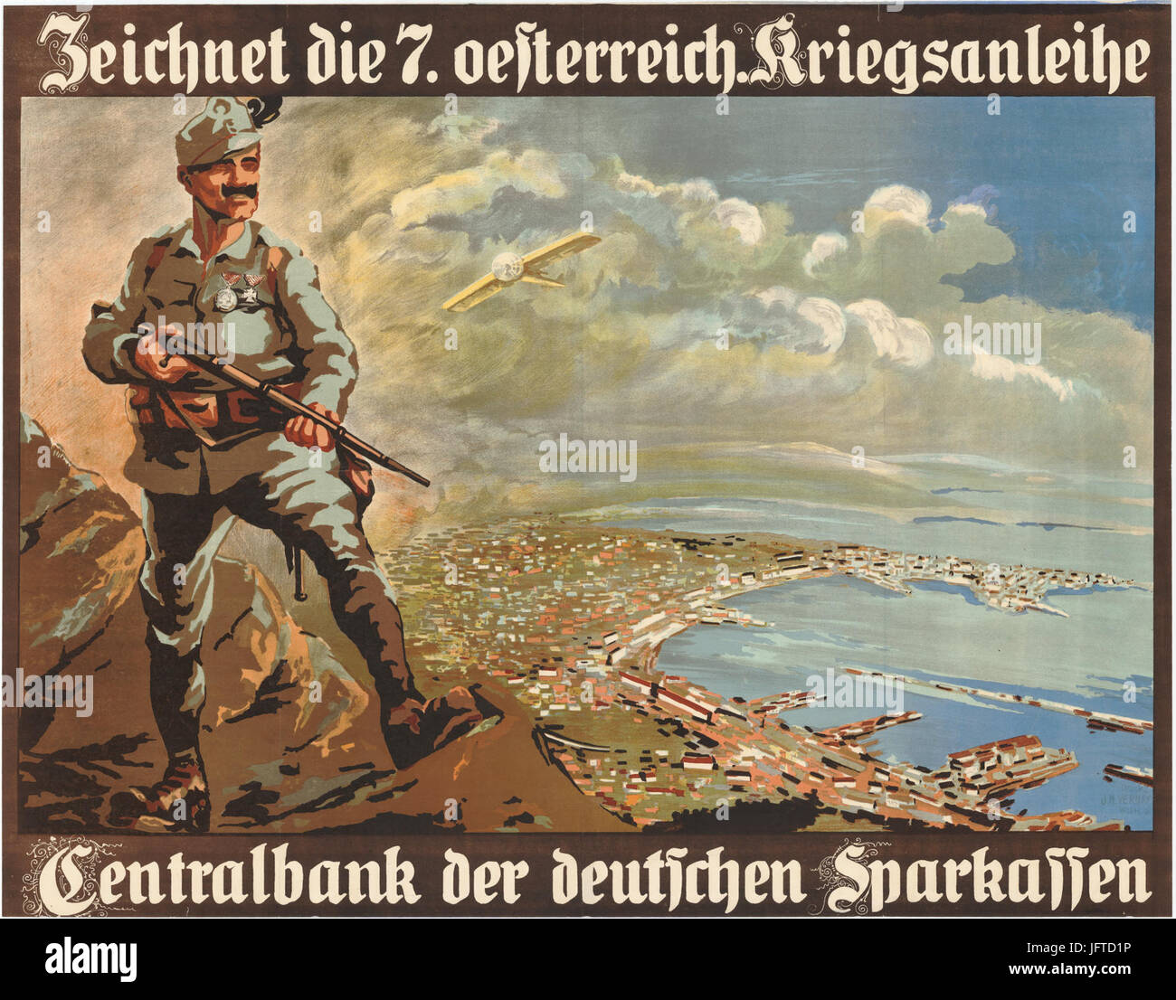 Ein österreichisches Propagandaplakat aus dem Jahr 1917, das Teil der Darlehenskampagne des 7. Krieges war und die Bemühungen um die Beschaffung von Geldern für die Kriegsanstrengungen während des Ersten Weltkriegs veranschaulicht. Stockfoto