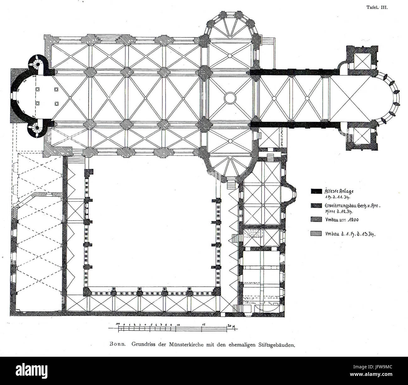 Blick auf den Bonner Münster, einen historischen Dom in Bonn, mit den ehemaligen Stiftsgebäuden, die ihn umgeben, die seine architektonische Bedeutung und religiöse Geschichte darstellen. Stockfoto