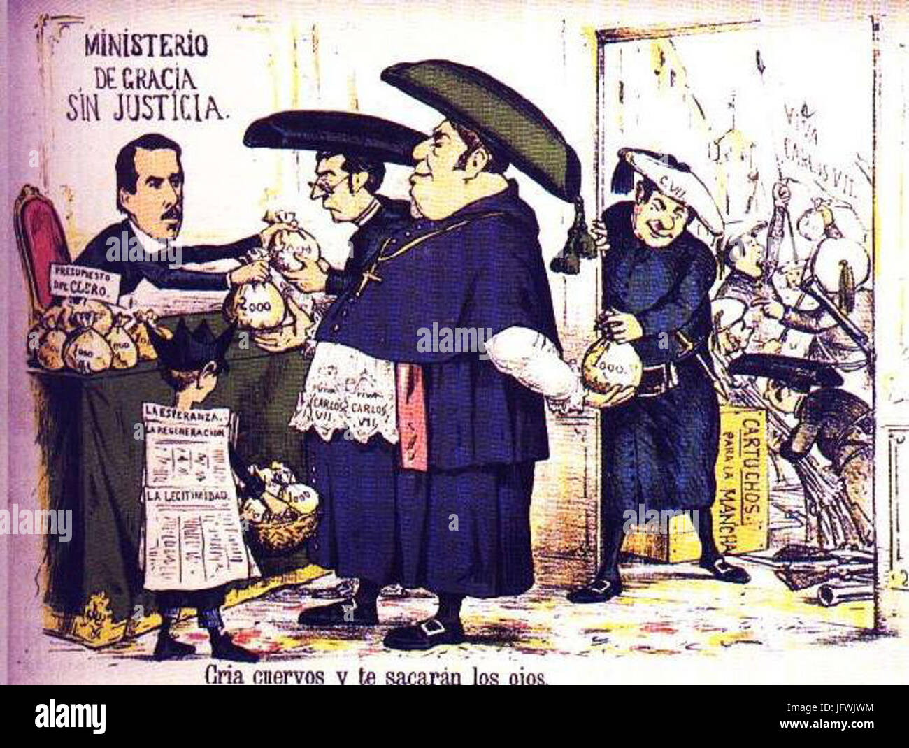 Caricatura Editada de la Revista de La Flaca 1869. El Clero Visto Como Cómplice del carlismo Stockfoto