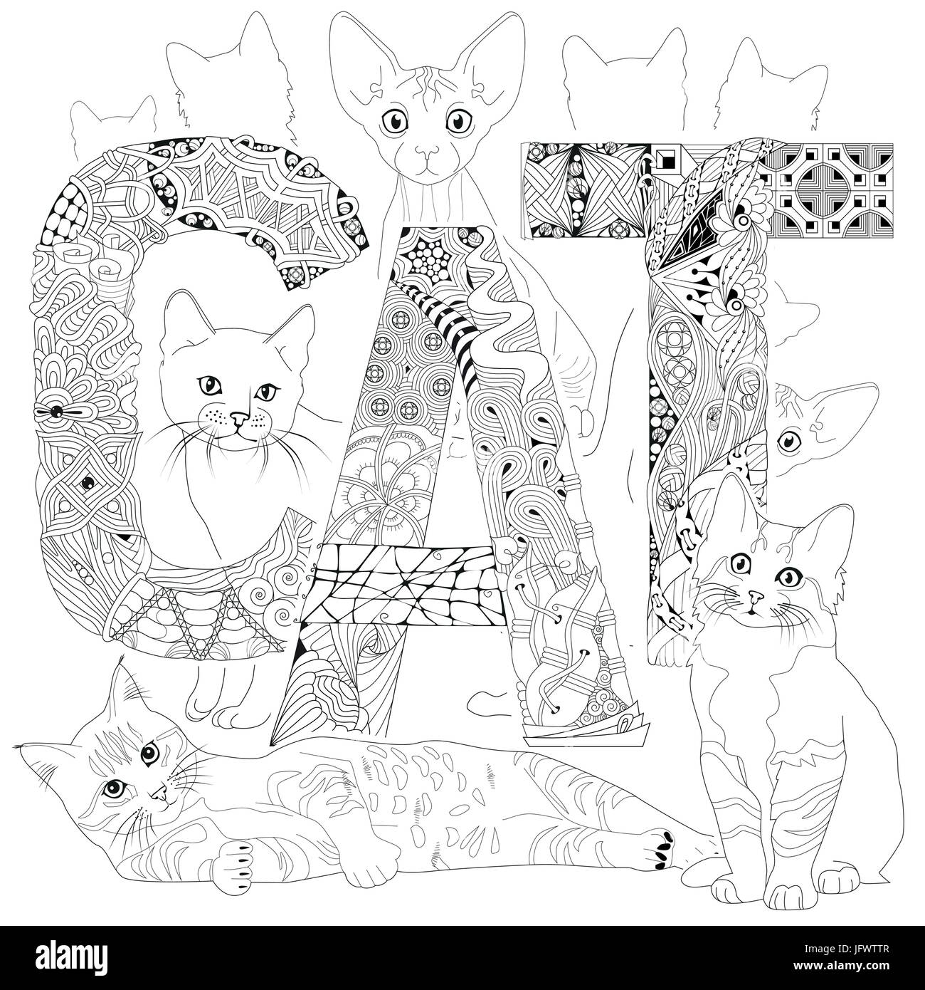 Wort Katze zum Ausmalen. Dekorative Zentangle Vektorobjekte Stock Vektor