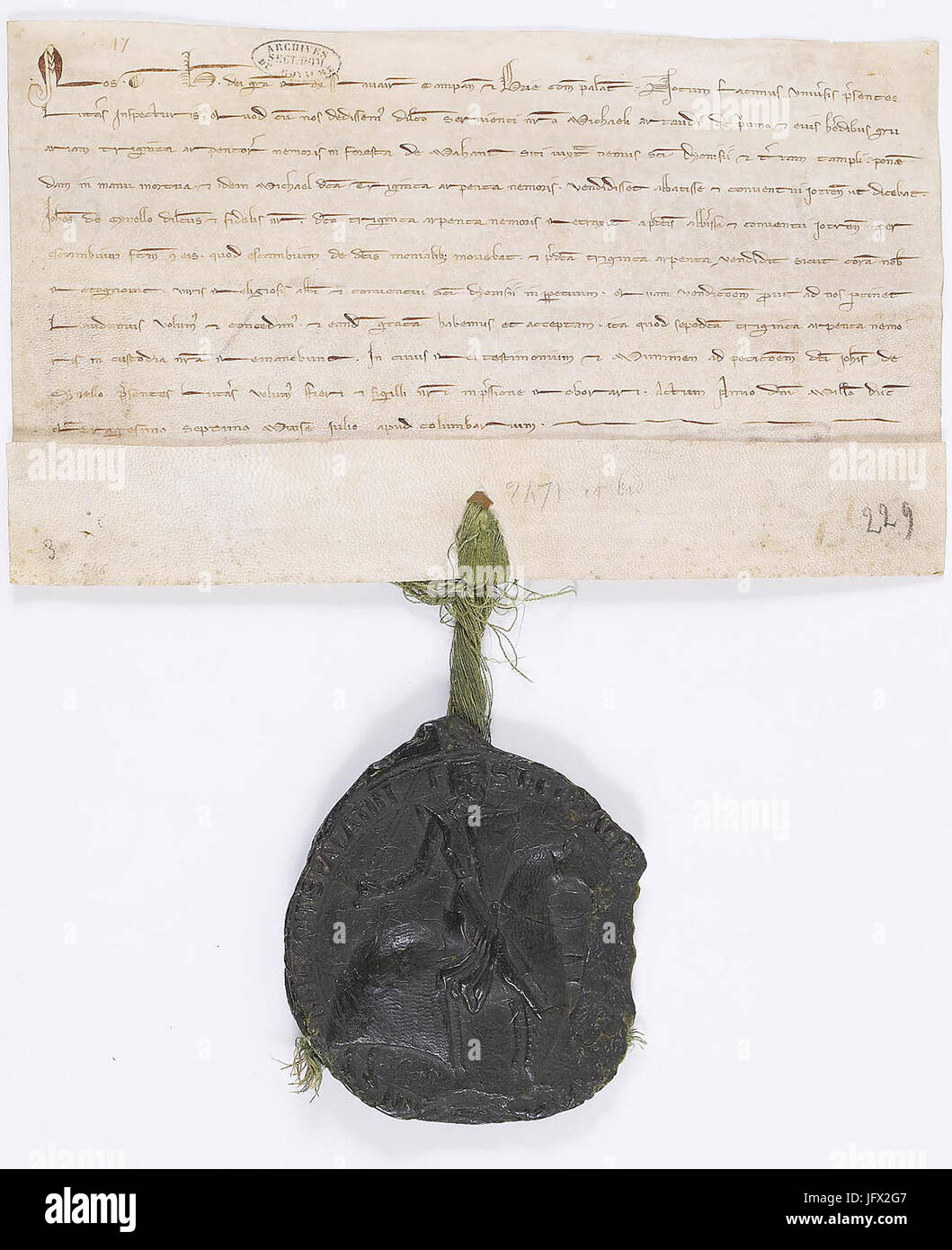 Bestätigung d Une Vente de Bois À l Abbaye de Saint-Denis par le Comte de Champagne et le Roi de Navarre Thibaut IV Le Chansonnier. -Archive Nationales - AE-II-246 Stockfoto