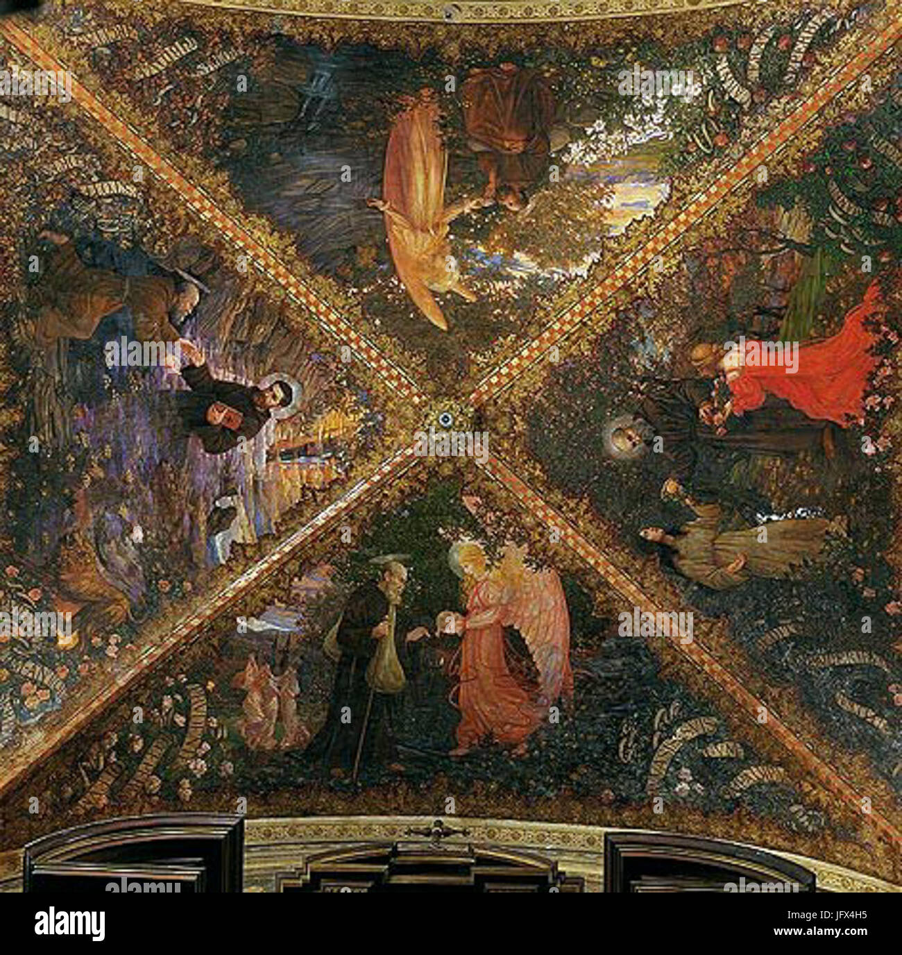 *Le quattro virtù* (die vier Tugenden) ist eine Serie von Gemälden von Augusto Mussini, die für die Cappuccini-Kirche in Ascoli Piceno in Auftrag gegeben wurden. Die Gemälde repräsentieren Tugenden durch symbolische Figuren und sind ein bedeutendes Beispiel für Mussinis religiöse Kunst. Stockfoto