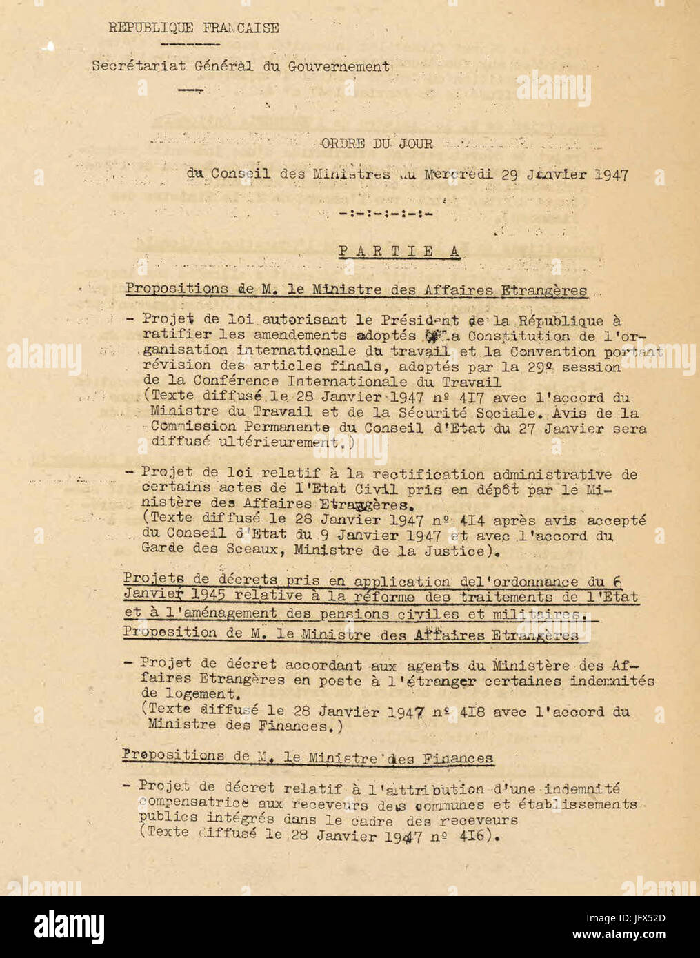 Avant-projet, Ordre du Jour et proposition de Regelung du Gouvernement du Conseil des Ministres - Archives Nationales F-60-2566 - (1) Stockfoto