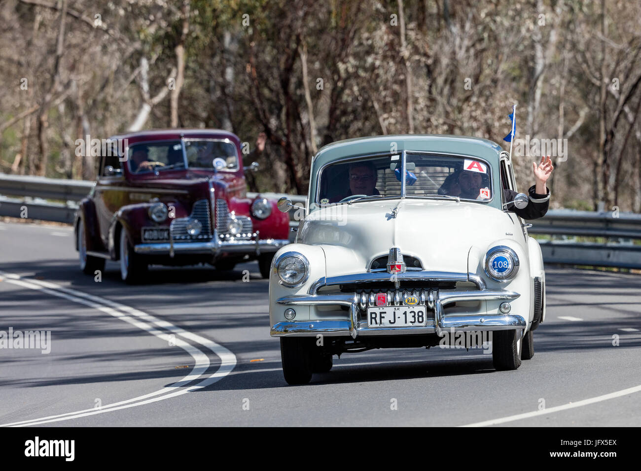 Jahrgang 1955 Holden FJ Limousine fahren auf der Landstraße in der Nähe der Stadt Birdwood, South Australia. Stockfoto