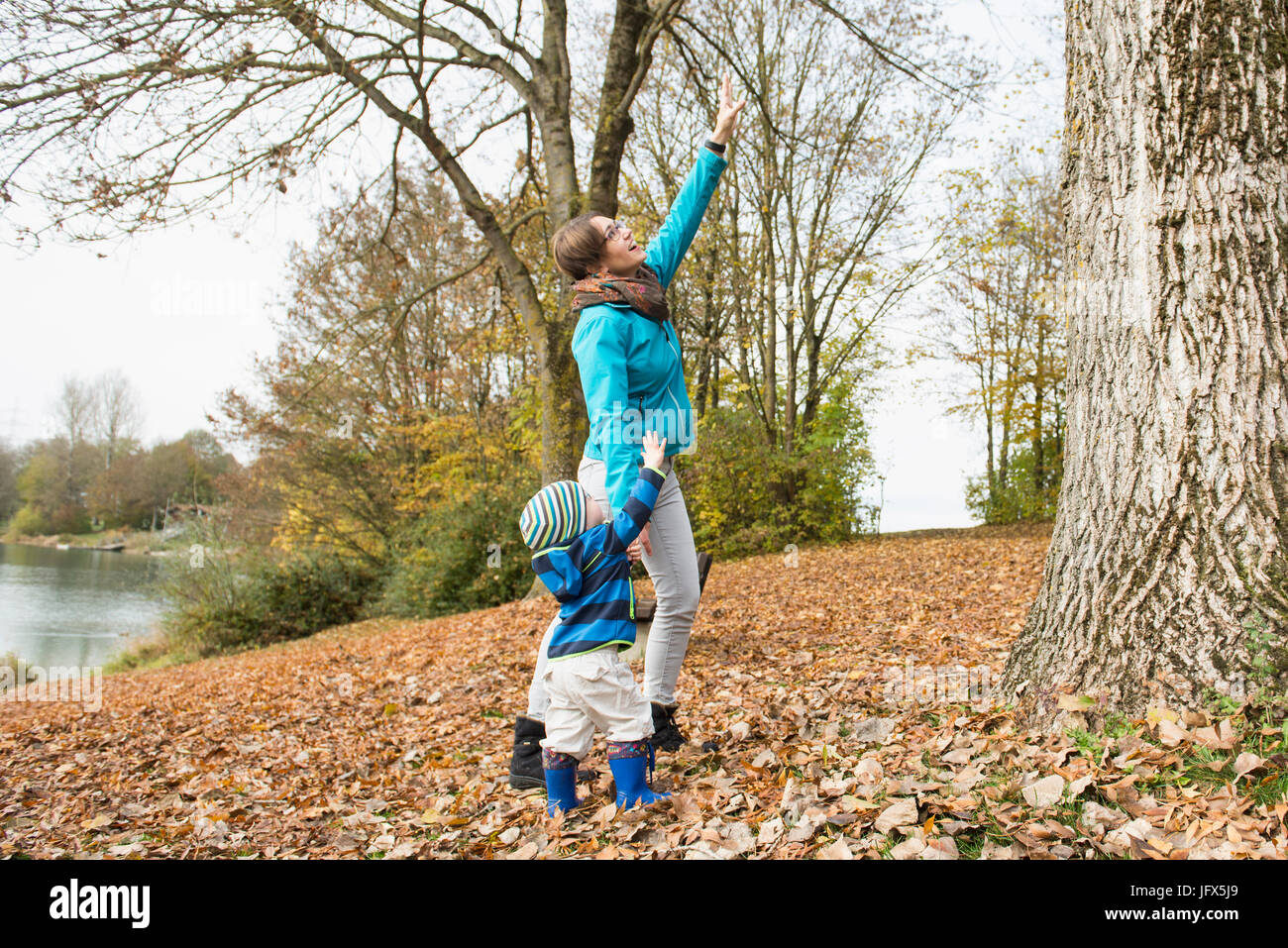Mutter und Sohn Niederlassungen großer Baum im Herbst Landschaft erreichen möchten Stockfoto