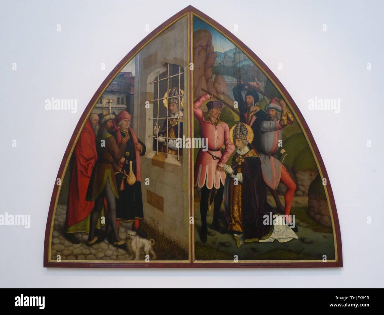 Dieses Kunstwerk von Bartholomäus Zeitblom aus dem Jahr 1455 zeigt Szenen aus der Legende des heiligen Valentinus, die religiöse Themen und mittelalterliche Kunststile widerspiegeln. Stockfoto
