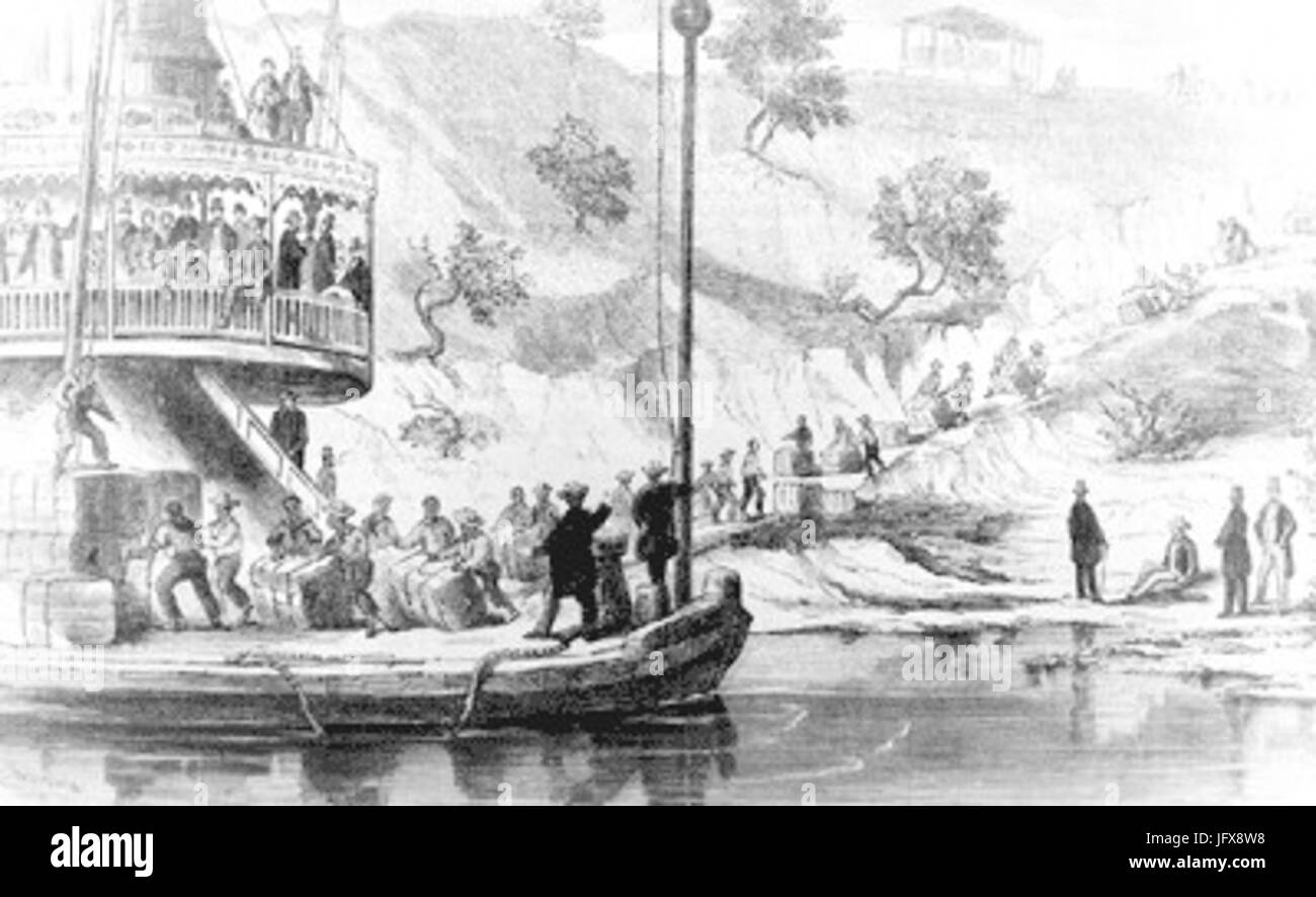 Dieses Bild zeigt ein Dampfschiff („Bateau Vapeur“) auf dem Alabama River. Das Dampfschiff war im 19. Jahrhundert eine wichtige Verkehrs- und Handelsform und spielte eine wichtige Rolle bei der wirtschaftlichen Entwicklung der Region. Stockfoto