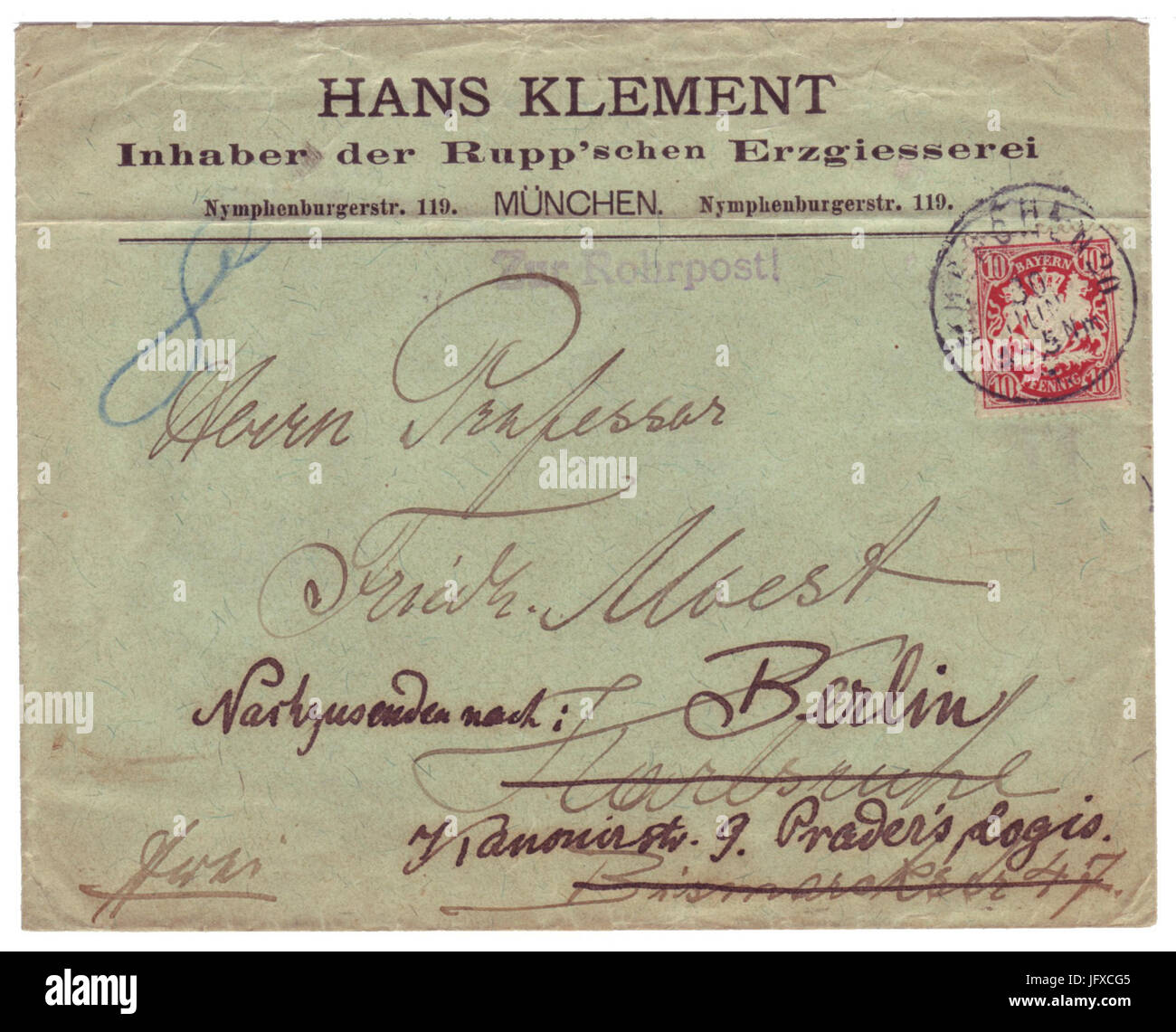 BF 30.06.1901 München Karlsruhe Berlin Zur Rohrpost Vs Stockfoto