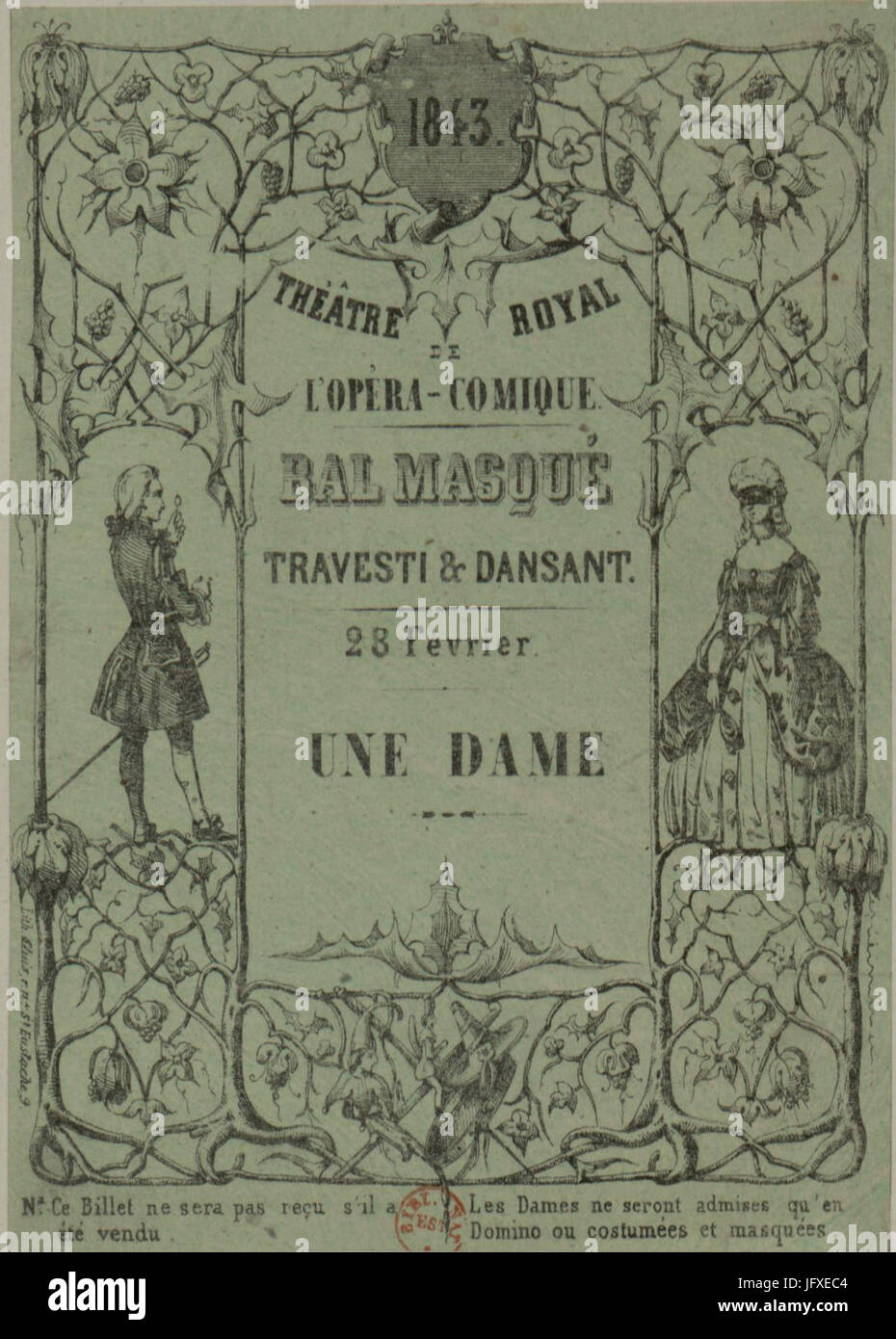 Billet bal de l'Opéra-Comique 1843 Stockfoto