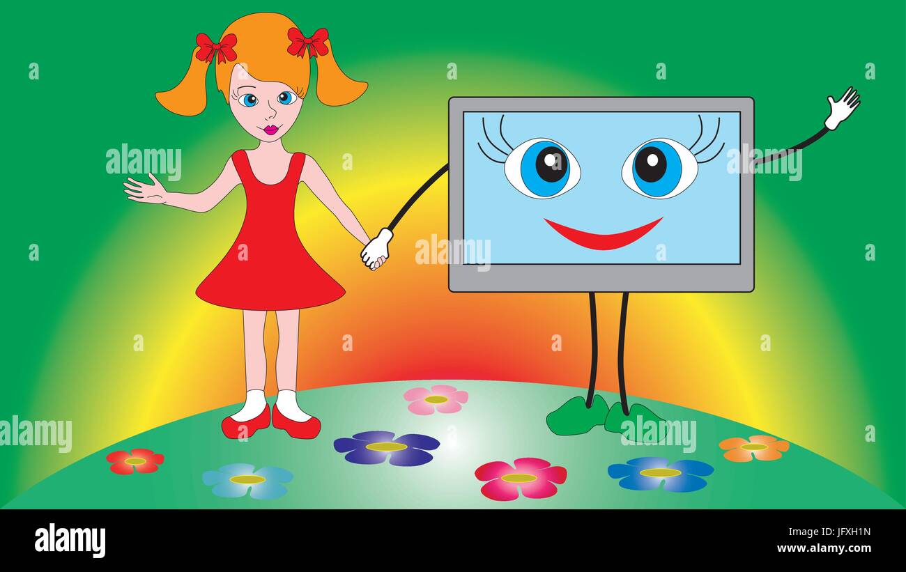 Ein kleines schönes Mädchen hält ein TV-Gerät durch gradient Hintergrund isoliert. Stock Vektor