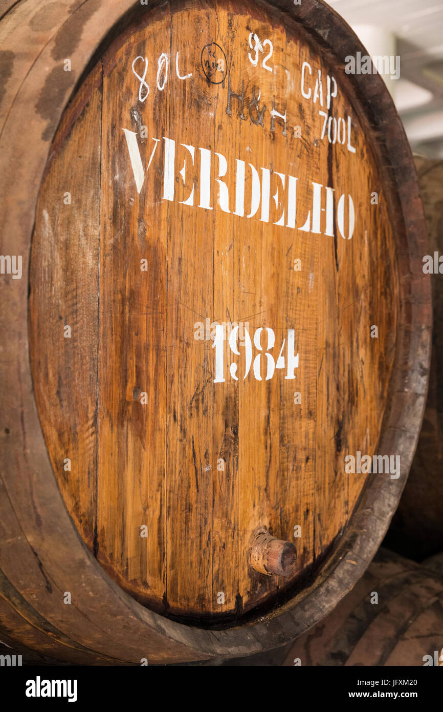 Alten Madeira-Wein-Fässern auf dem Dachboden in Funchal, Madeira Stockfoto