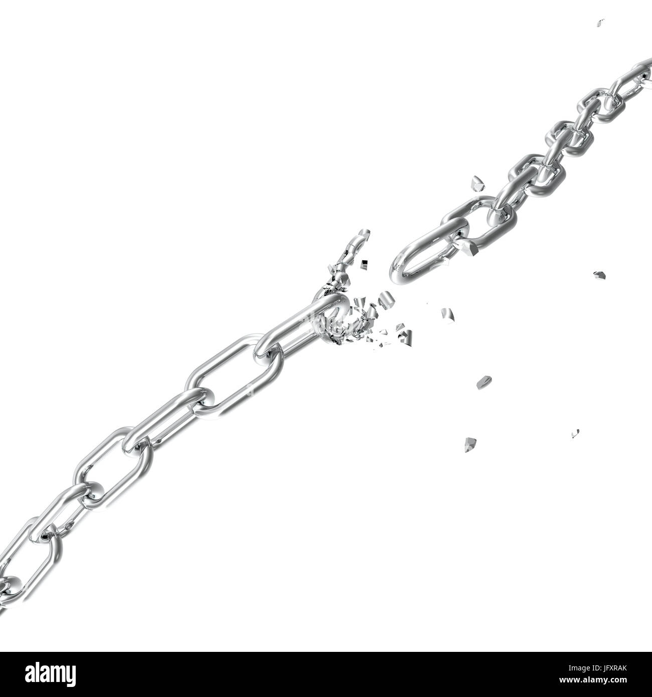 Broken steel, gebrochene Metallkette Links Freiheit Konzept. Störungen stark Stahl, 3D illustration Stockfoto