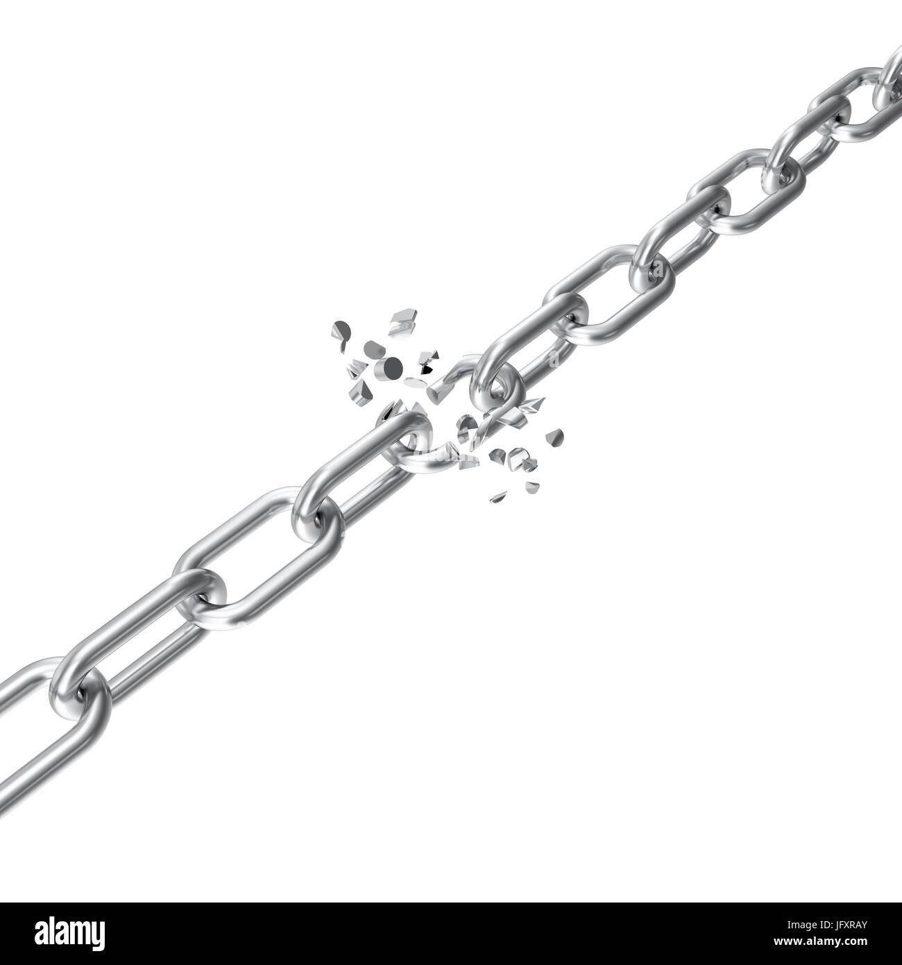 Broken steel, gebrochene Metallkette Links Freiheit Konzept. Störungen stark Stahl, 3D illustration Stockfoto