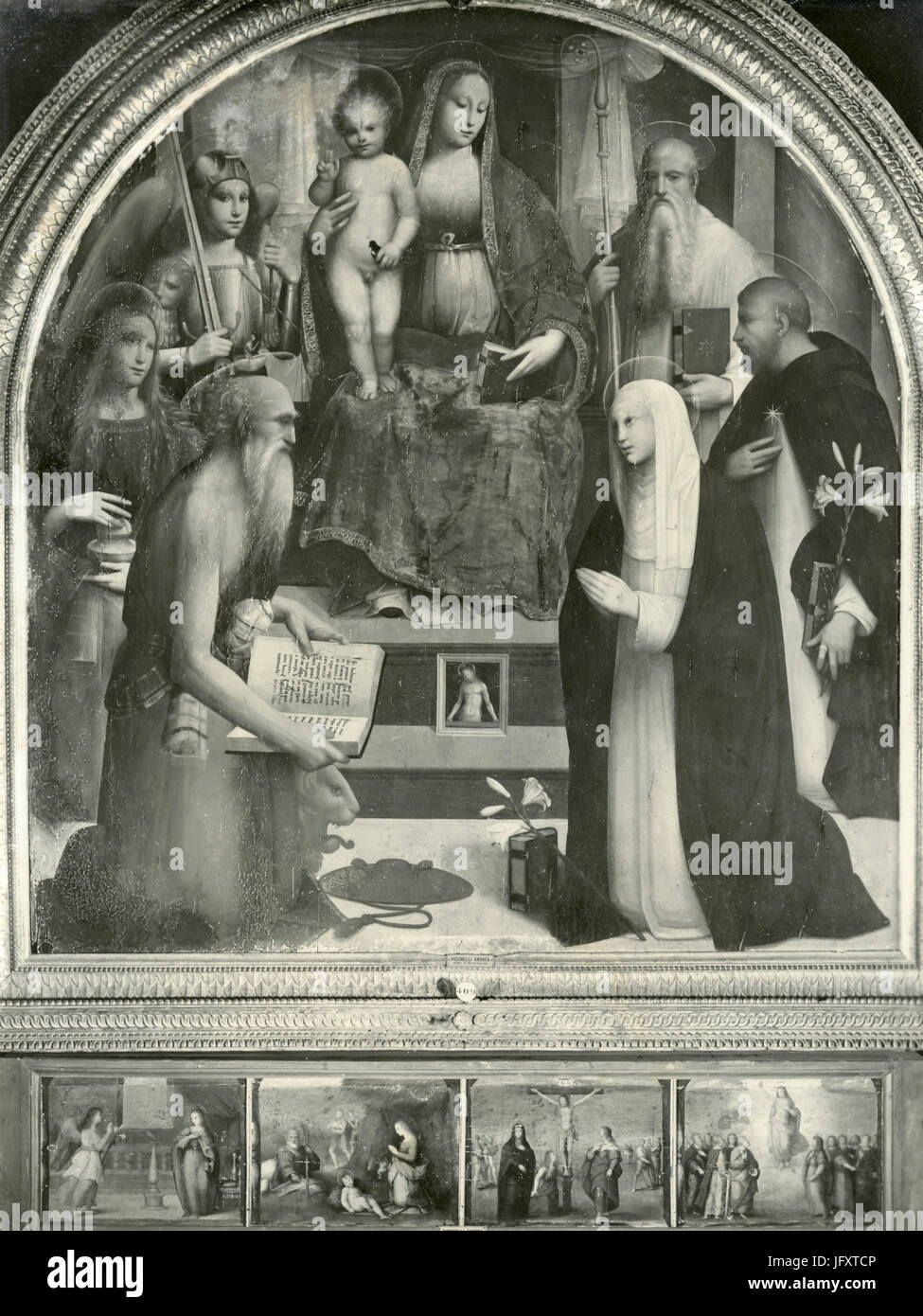 Thronende Madonna mit Heiligen, Gemälde von Brescianino, Siena, Italien Stockfoto