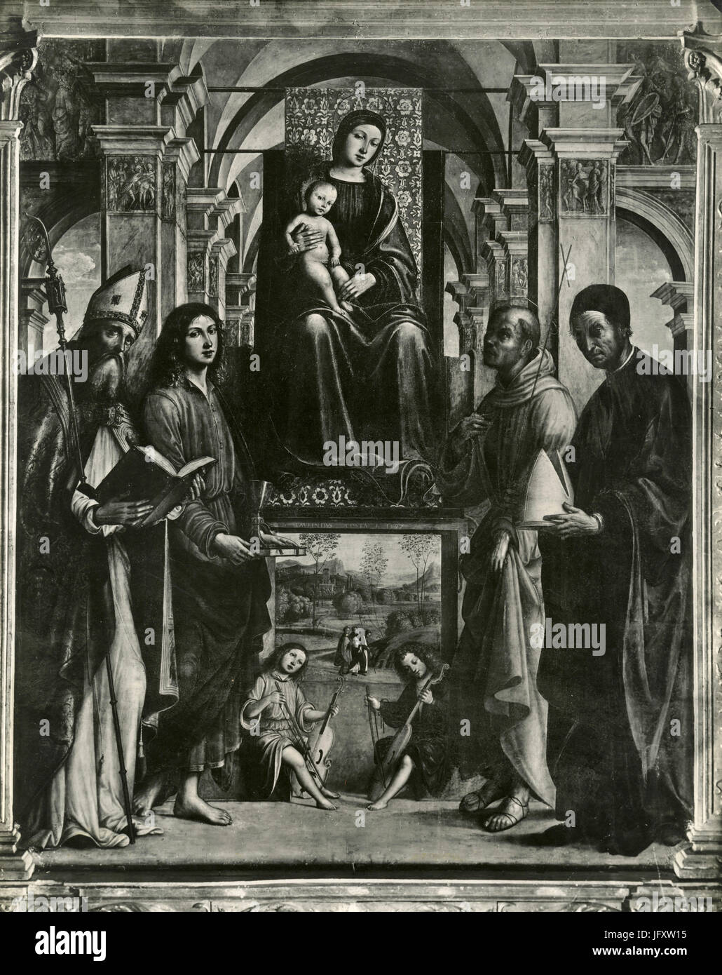 Die Jungfrau inthronisiert mit Heiligen, Gemälde von Lorenzo Costa, Bologna, Italien Stockfoto