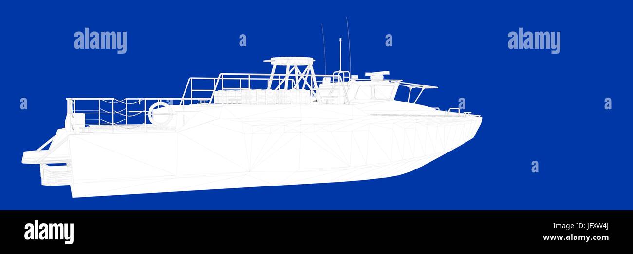 3D-Rendering eines Schiffes auf einem blauen Hintergrund Blaupause Stockfoto