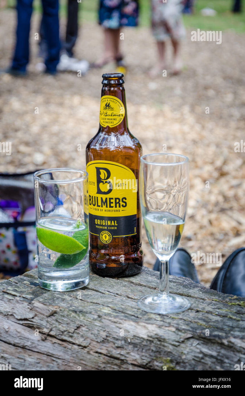 Getränke auf einem Baum stumpf außerhalb bei einer Hochzeitsfeier. Stockfoto