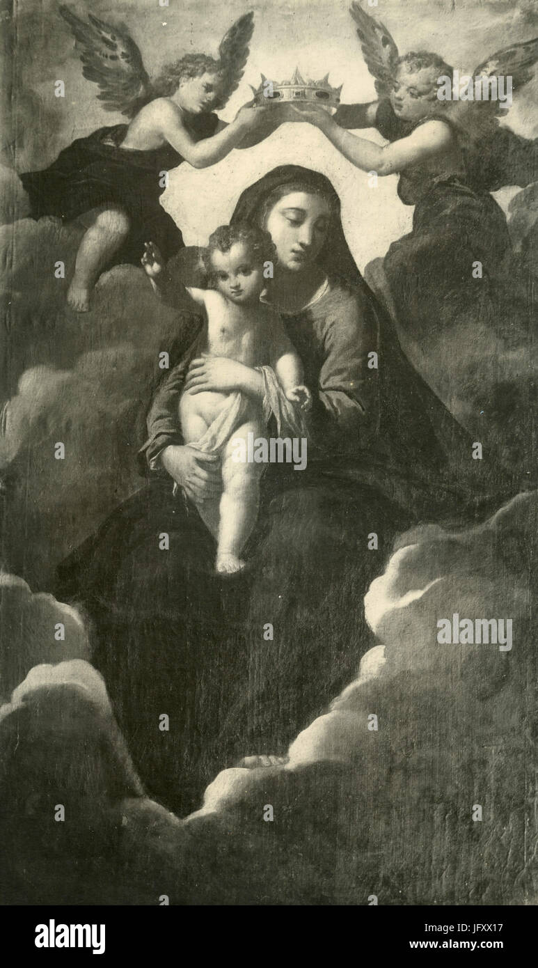 Jungfrau und Kind mit Engeln, Gemälde von Girolamo da Carpi, Bologna, Italien Stockfoto