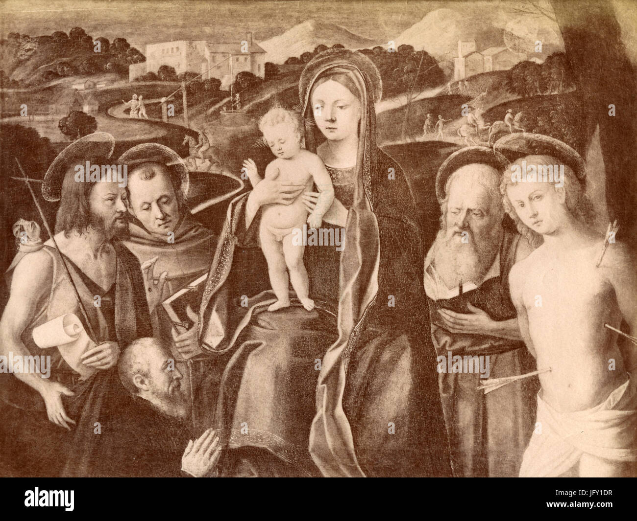 Jungfrau und Kind mit Heiligen, Gemälde von Girolamo da Santa Croce, Rovigo, Italien Stockfoto
