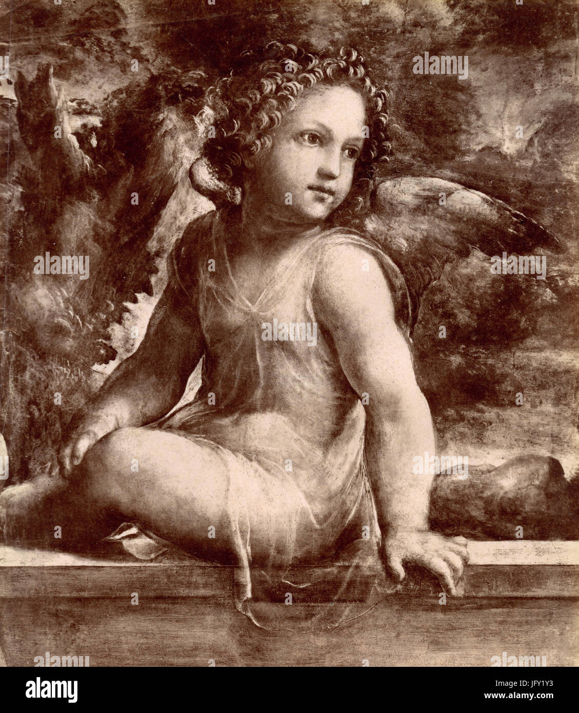 Ein Engel sitzt auf dem Sarg, Detail des Gemäldes von Sodoma, Neapel, Italien Stockfoto