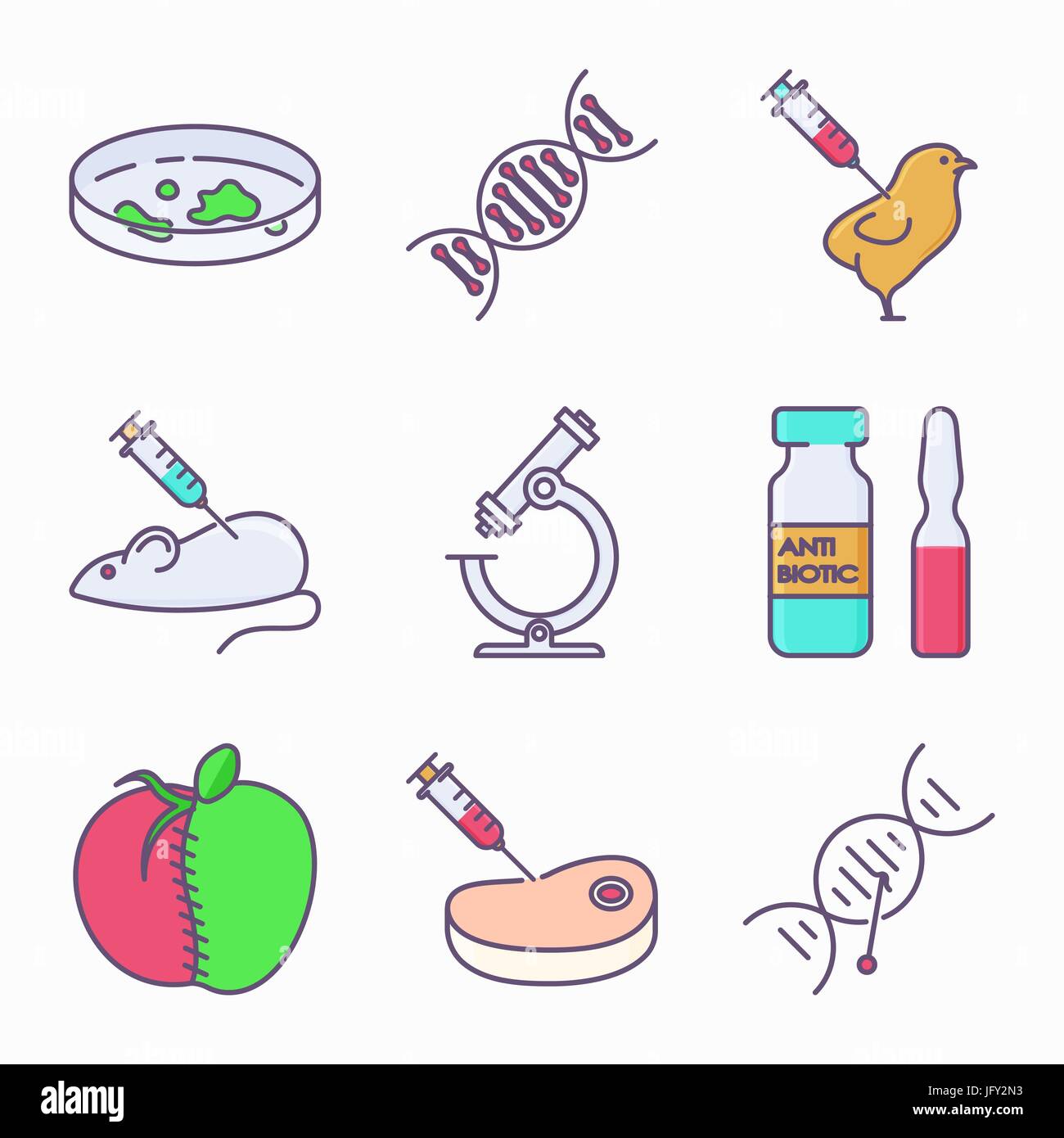 Sammlung von Gentechnik-Icons. GVO. Genetic Engineering. Genetische Mutation. Stock Vektor