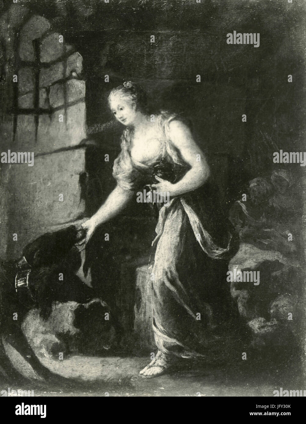 Frau mit zwei Hunden, Gemälde von unbekannt Stockfoto