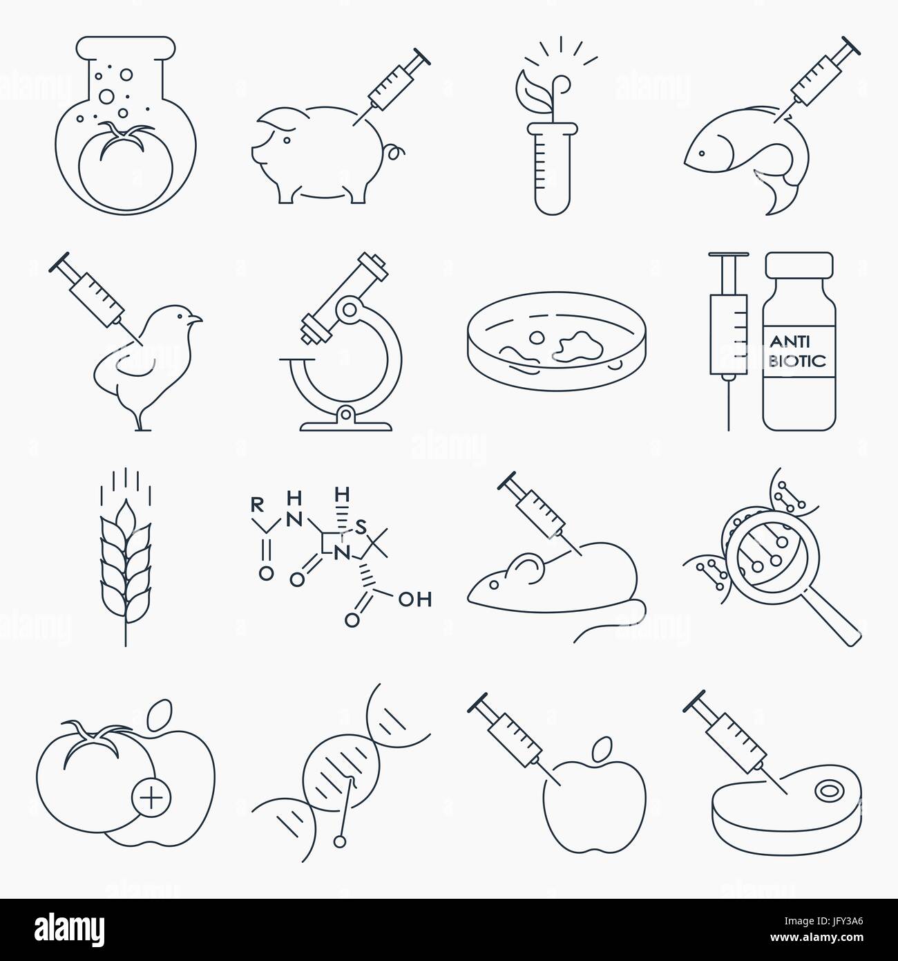 Sammlung von Gentechnik Umriss Icons. GVO. Genetic Engineering. Genetische Mutation. Stock Vektor