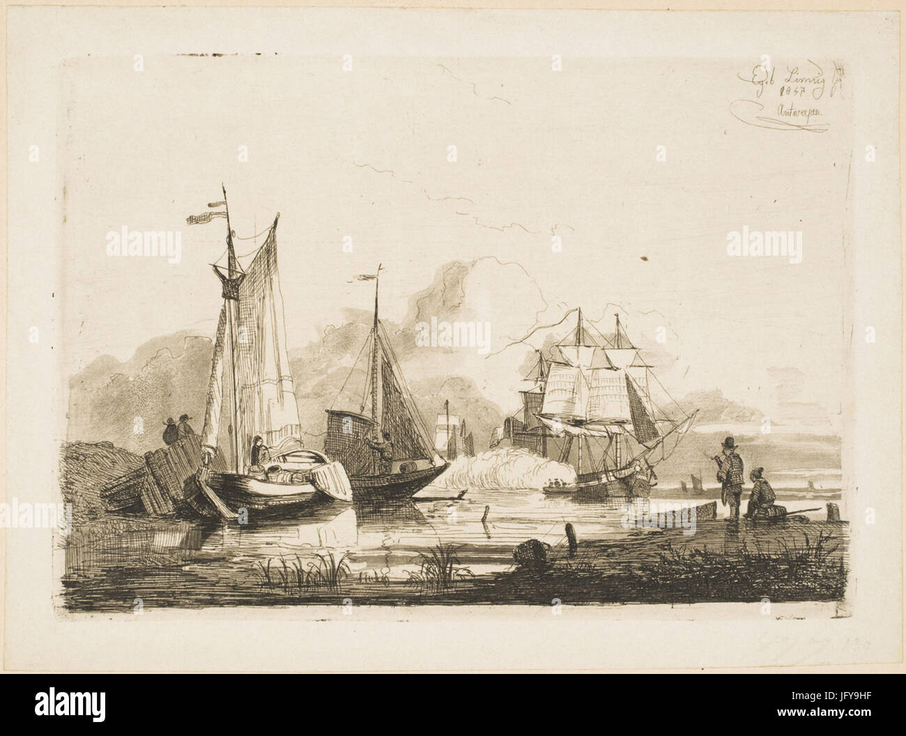 Egidius Linnig - Küsten-Szene mit dem Dreimaster Schiff Le Macassar feuern einen Gruß Stockfoto