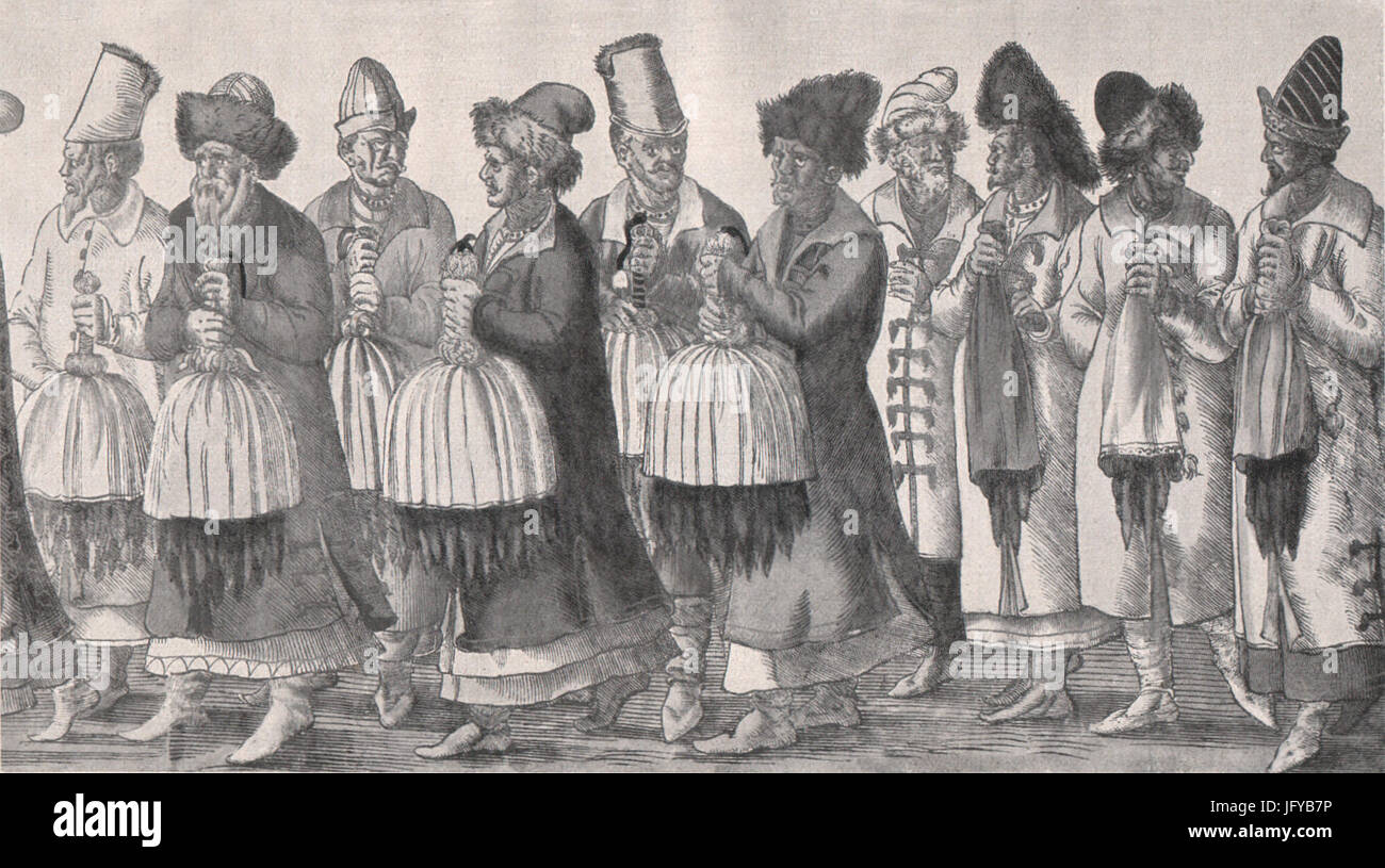 Emil Brass, Im Reiche der Pelze, 2. Auflage, 1925, Seite 145, militärischen Gesandtschaft des Zaren Iwan eine Den Deutschen Kaiser, sterben als Geschenk Zobel-Und Nerzfelle Überbringt, 15. Jh Stockfoto