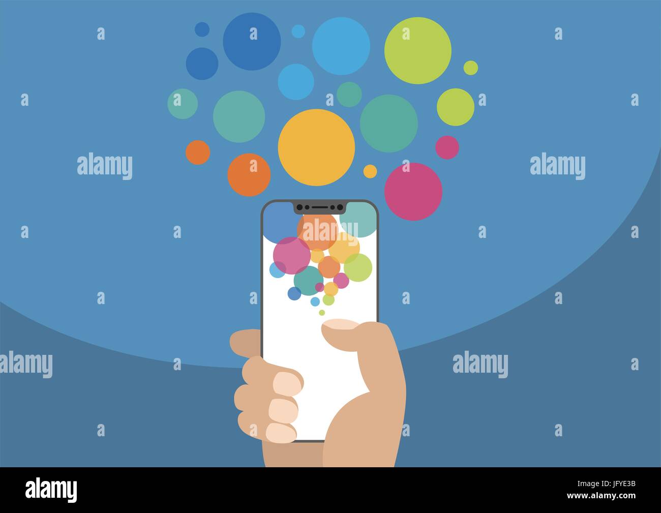 Hand, die nächste Generation Lünette frei / rahmenlose Smartphone mit Touchscreen als Vektorgrafik mit bunten Bubbles. Stock Vektor