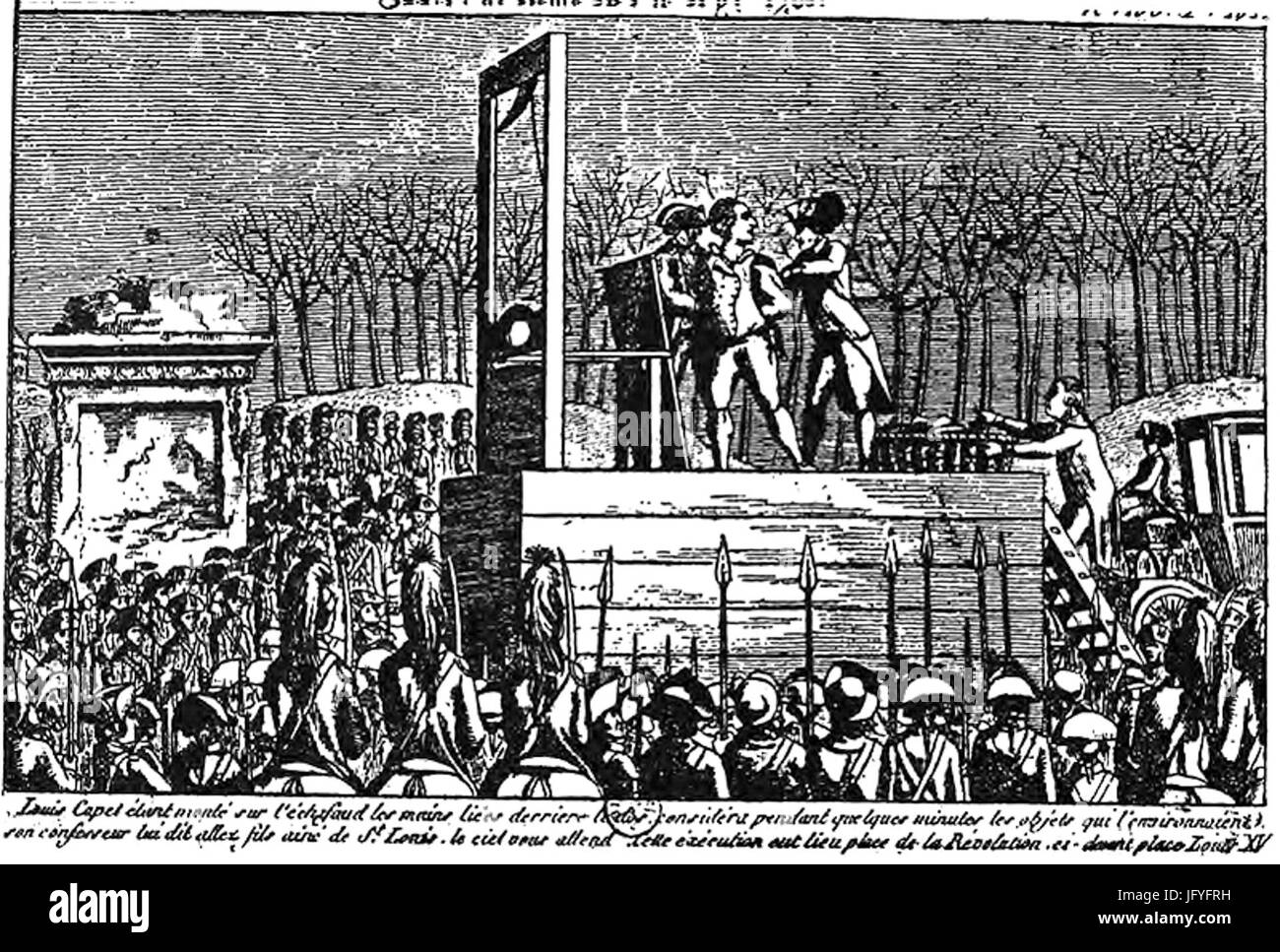 Eine Darstellung der Hinrichtung Ludwigs XVI. Während der Französischen Revolution, die den entscheidenden historischen Moment veranschaulicht, als der König 1793 durch Guillotine zum Tode verurteilt wurde. Stockfoto