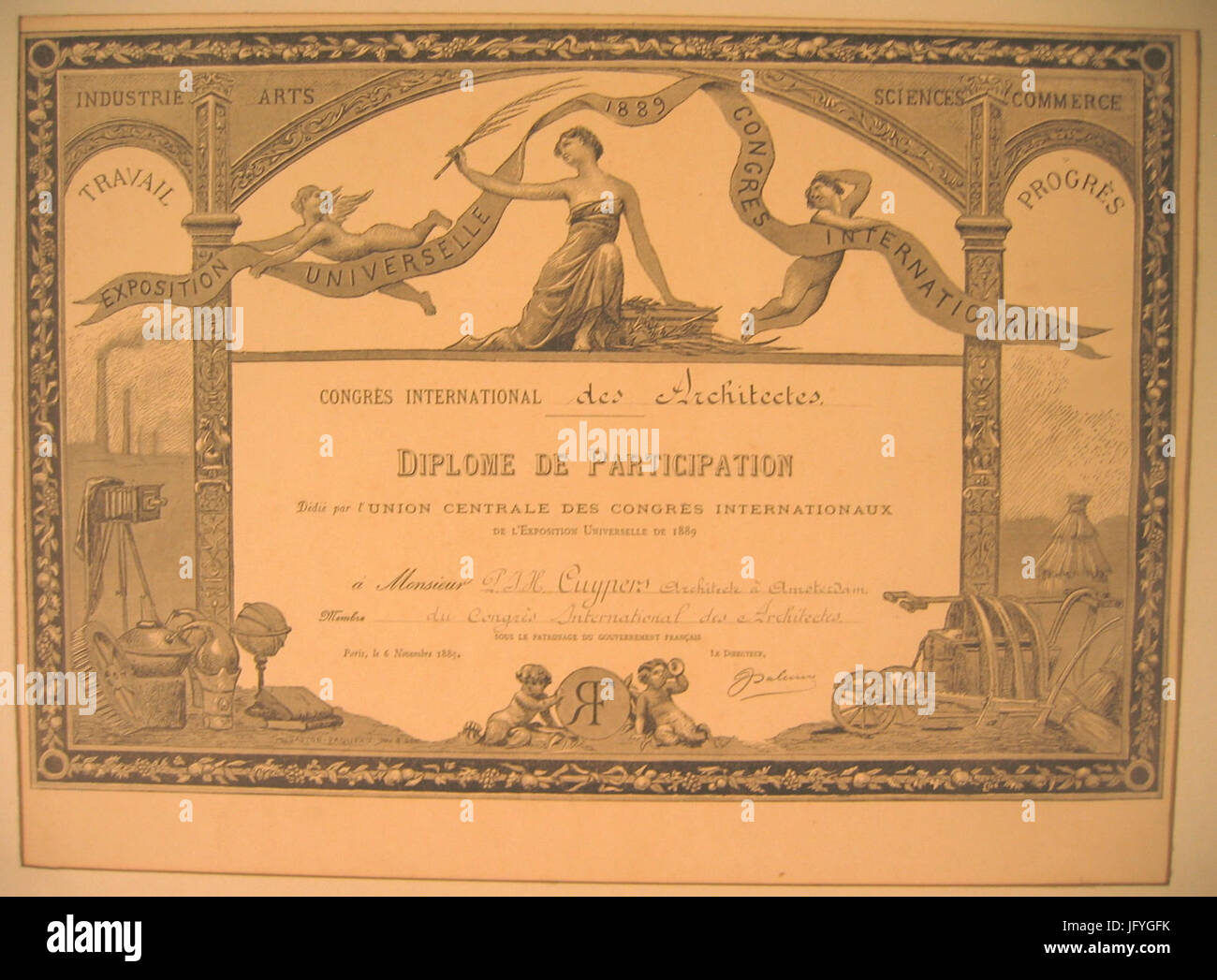Exposition Universelle 1889 Congrès Internationaux - Diplôme de Teilnahme Dédié À Monsieur p Cuypers Cuypershuis 0506 Stockfoto