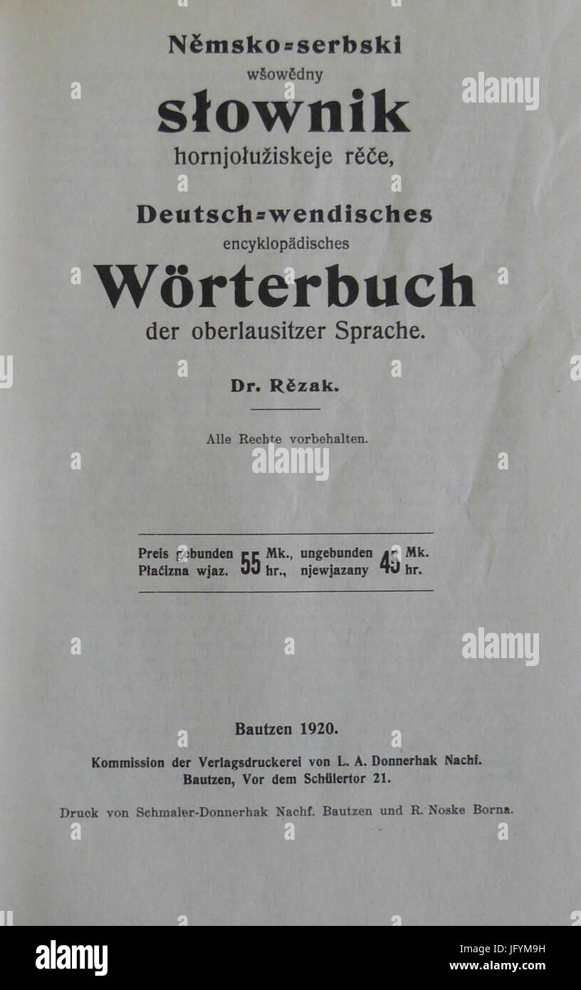 Filip Rězak - Titelbild Wörterbuch 1920 Stockfoto